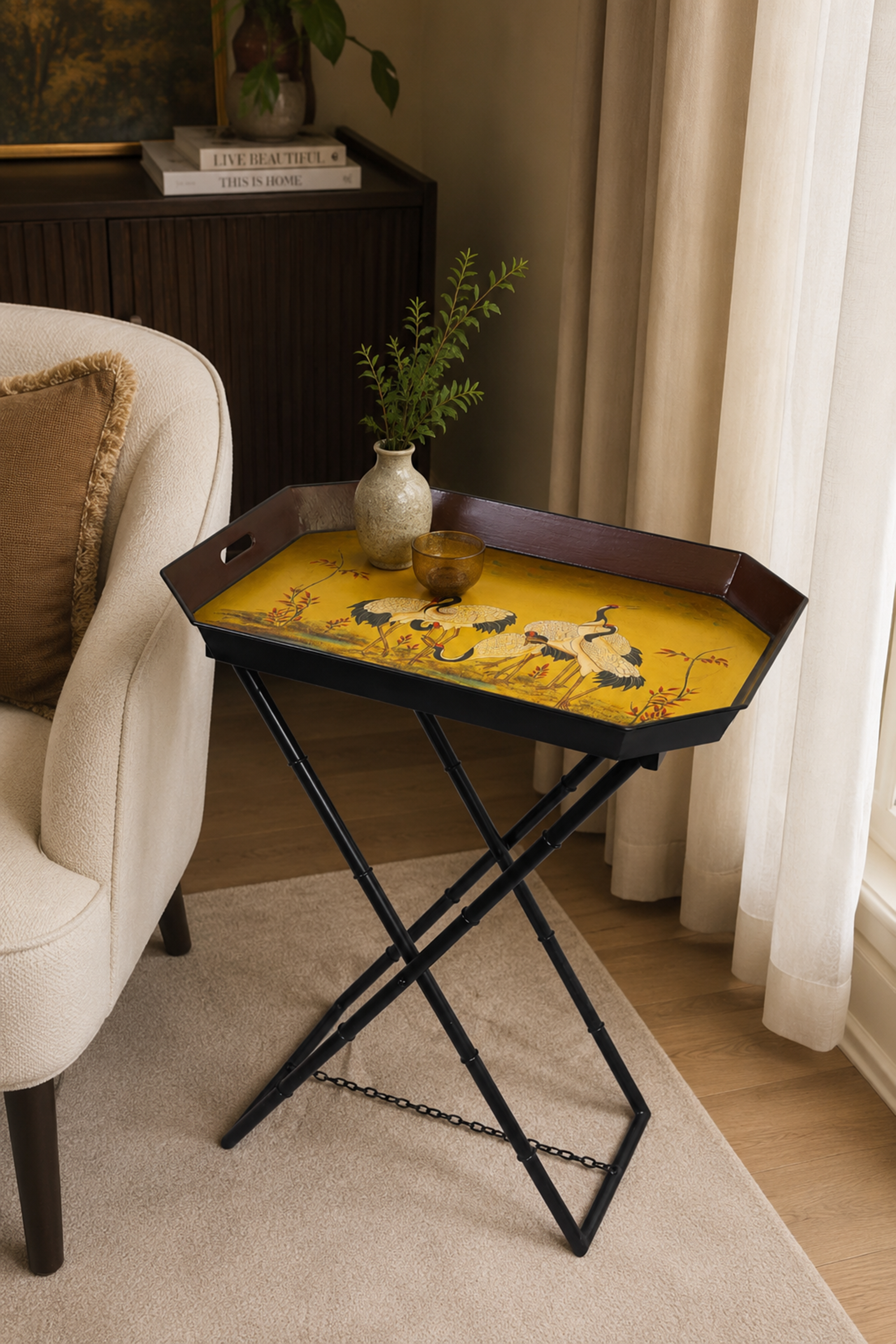 Octagonal Swan Motif Butler's Tray with Folding Base