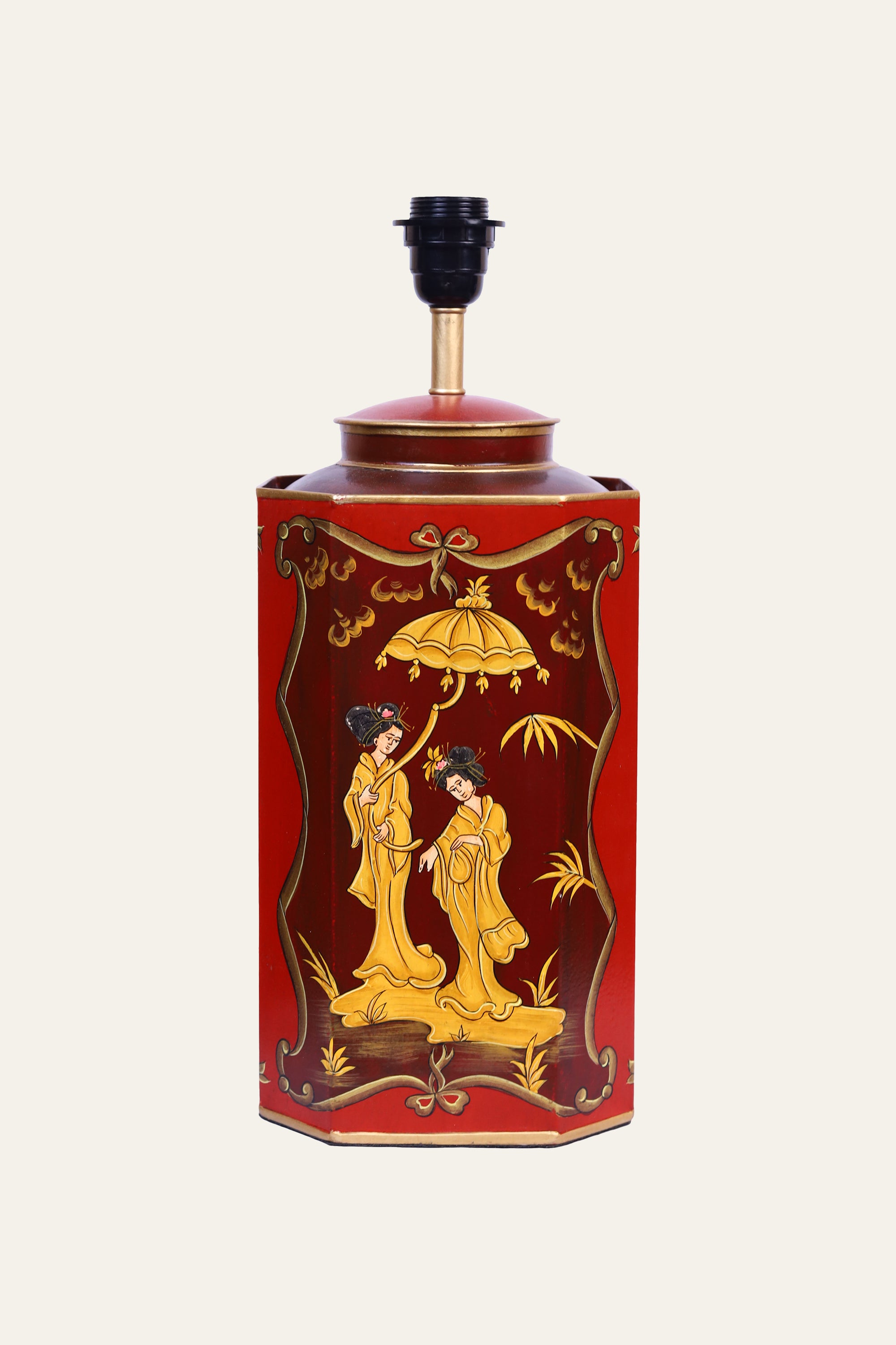 Hand-Painted Red Metal Table Lamp with Chinoiserie Figures