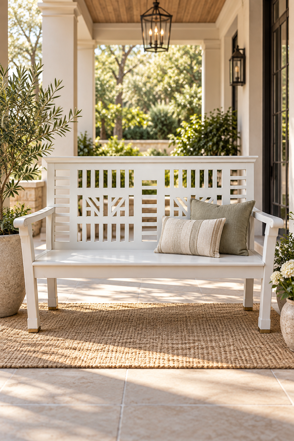 White Carved Wooden Slatted Back Bench
