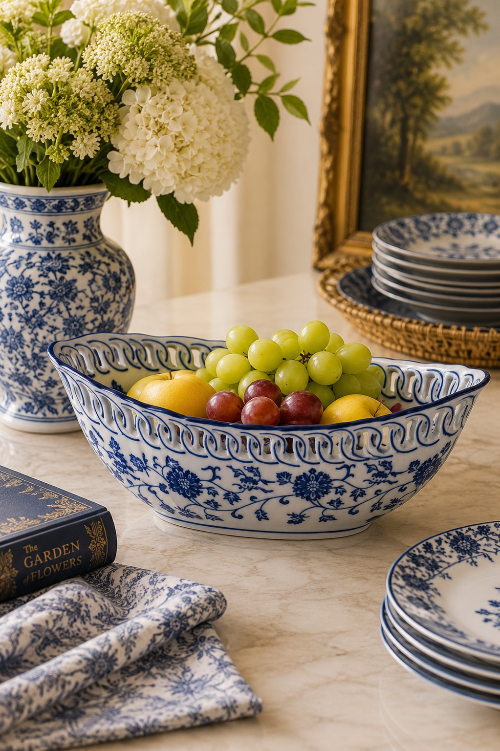 Blue & White Porcelain Chinoiserie Oval Serving Bowl