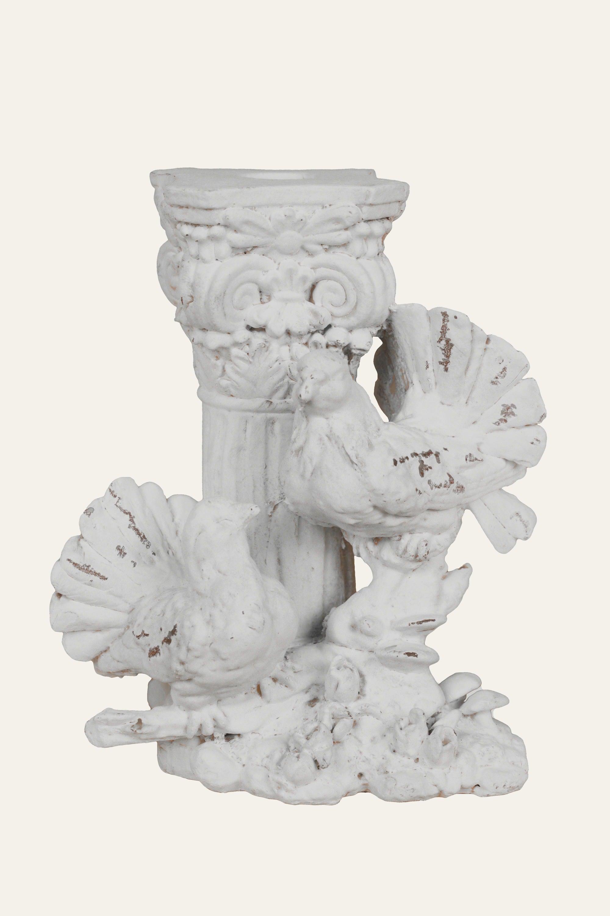 Bird pedestal candle holder with vintage white finish