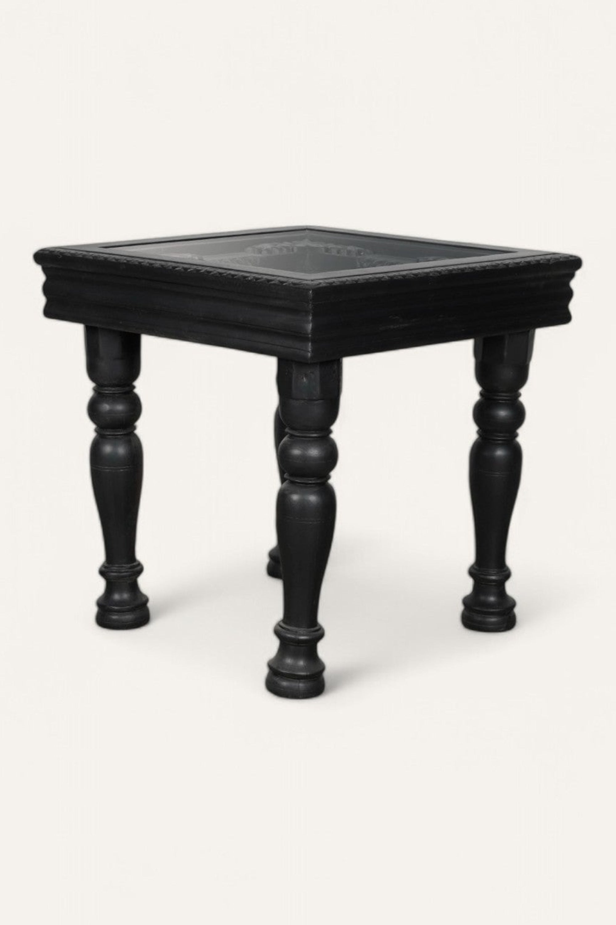 Black Hand Carved Side Table with Glass Top
