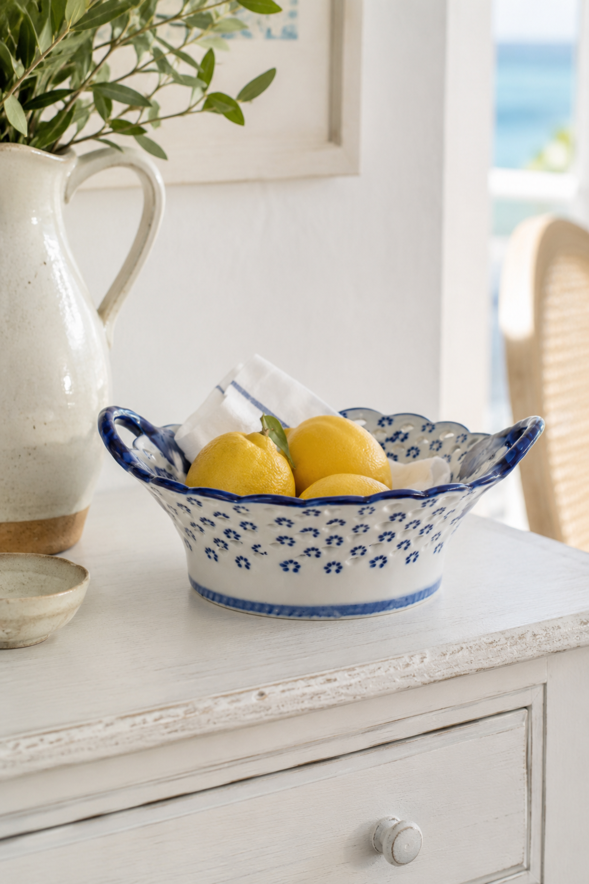Blue & White Porcelain Pierced Fruit Bowl - Large