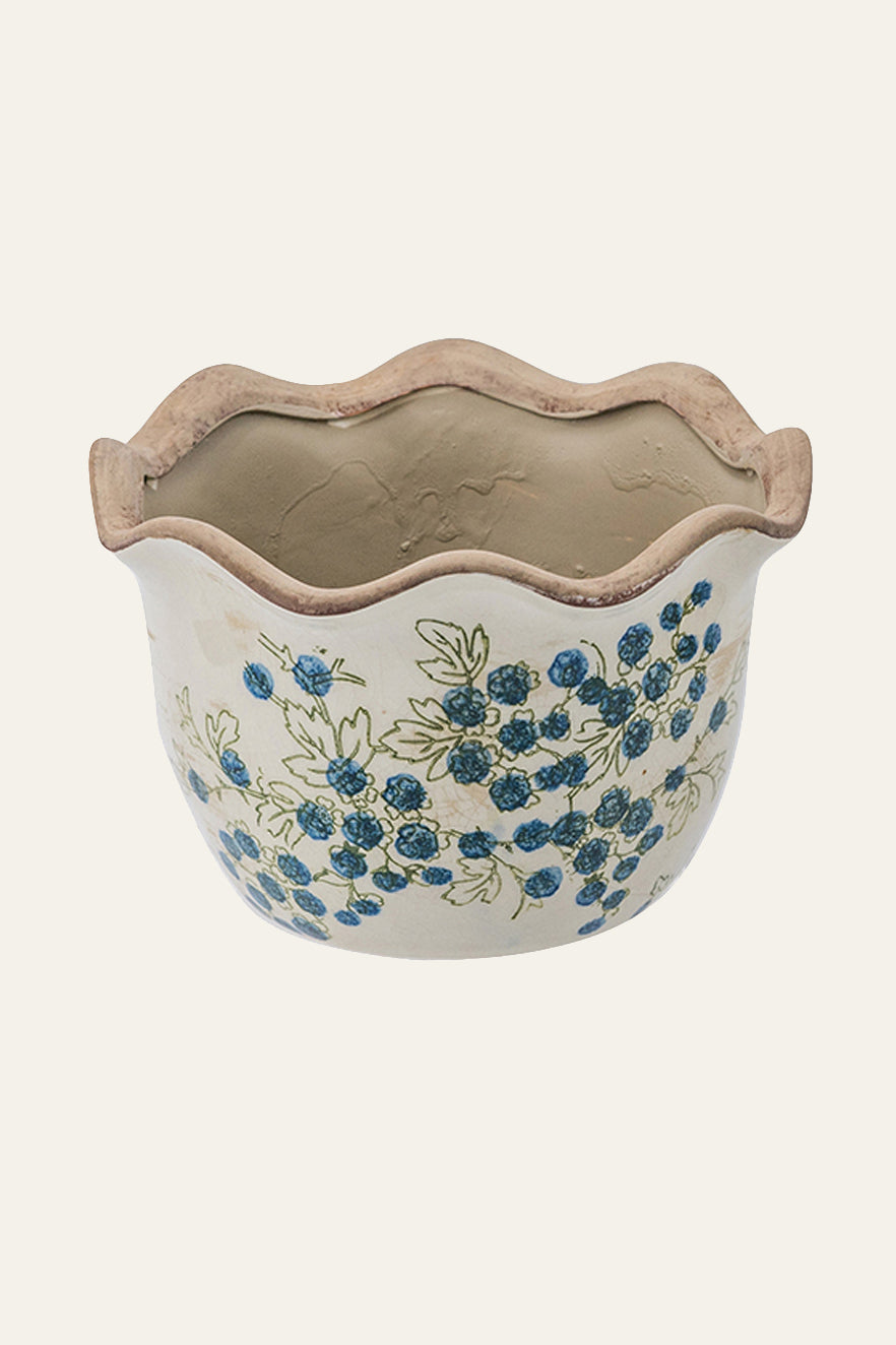 Blue floral scalloped planter for living room decor