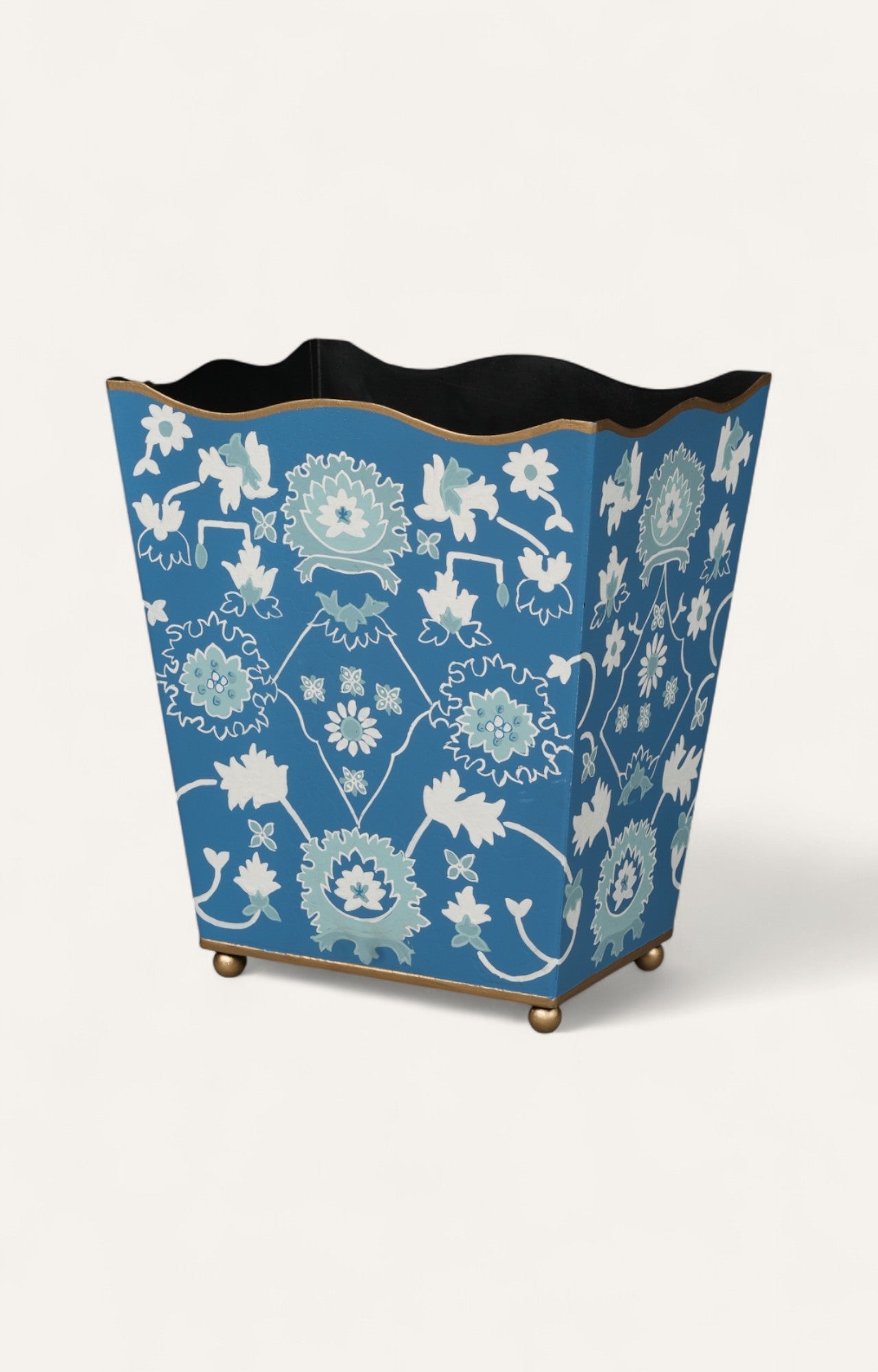Blue floral square metal waste bin planter