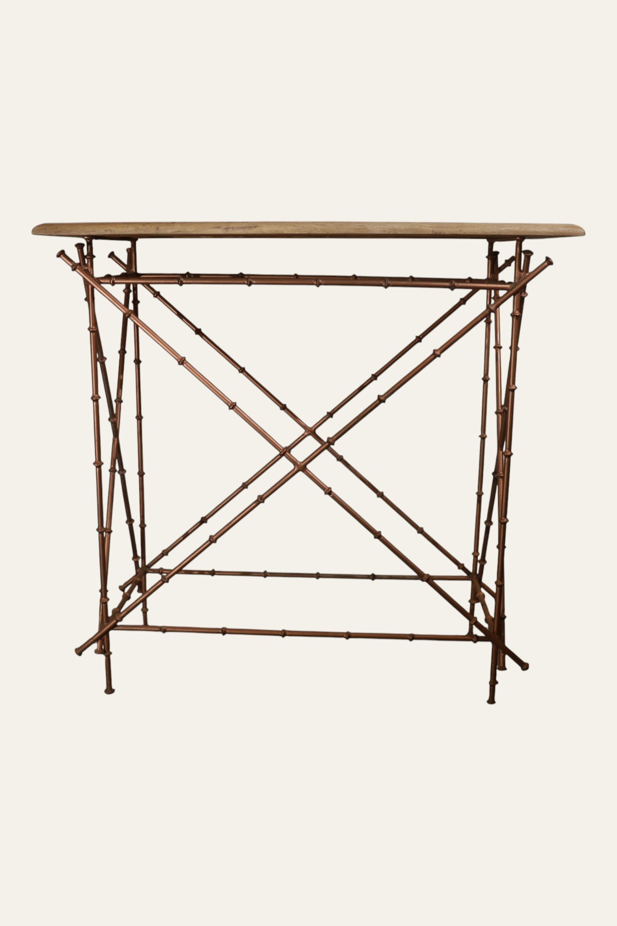 Bamboo Style Cross-Brace Console Table with Marble & Wood Top