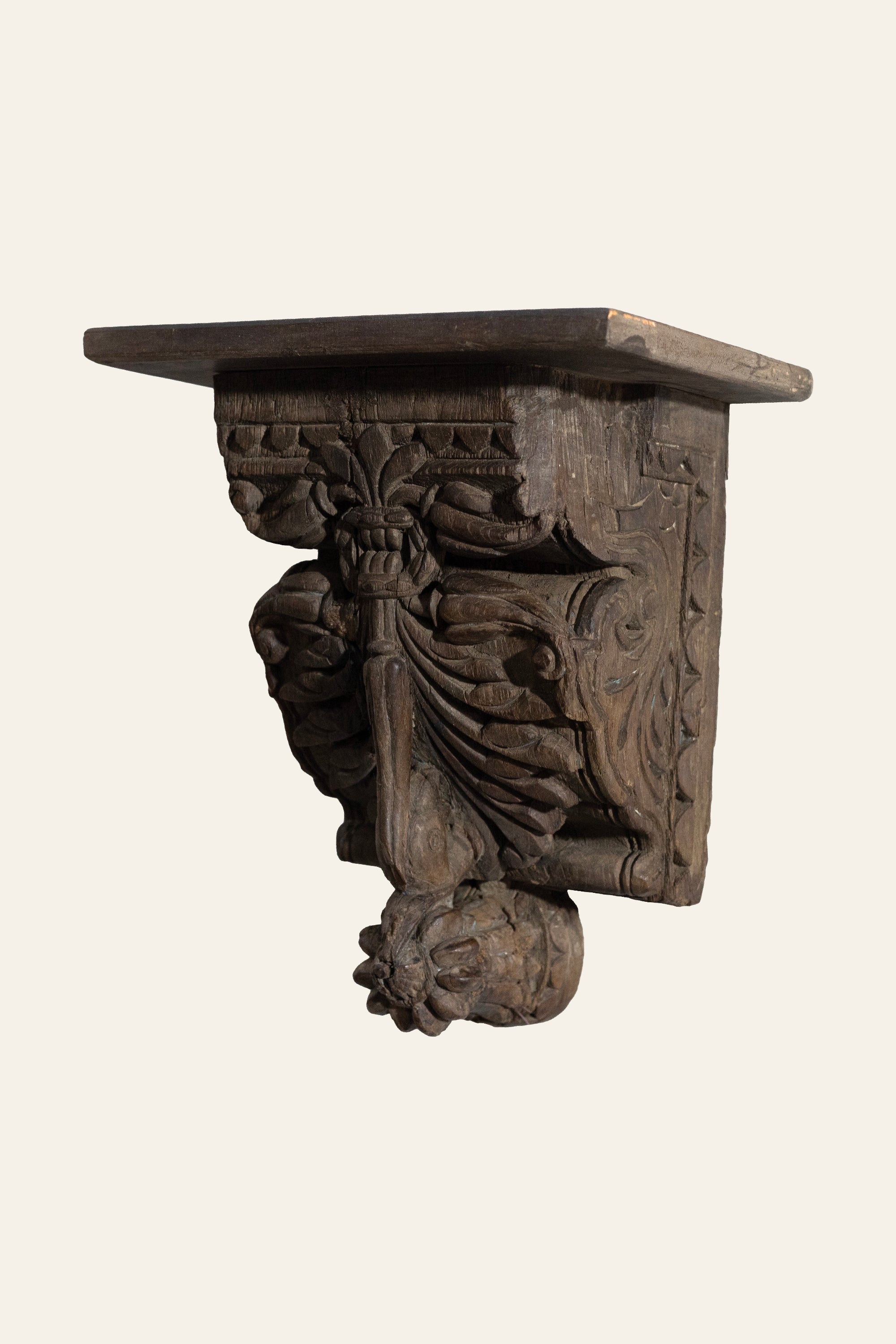 Carved Leaf Motif Wooden Wall Bracket