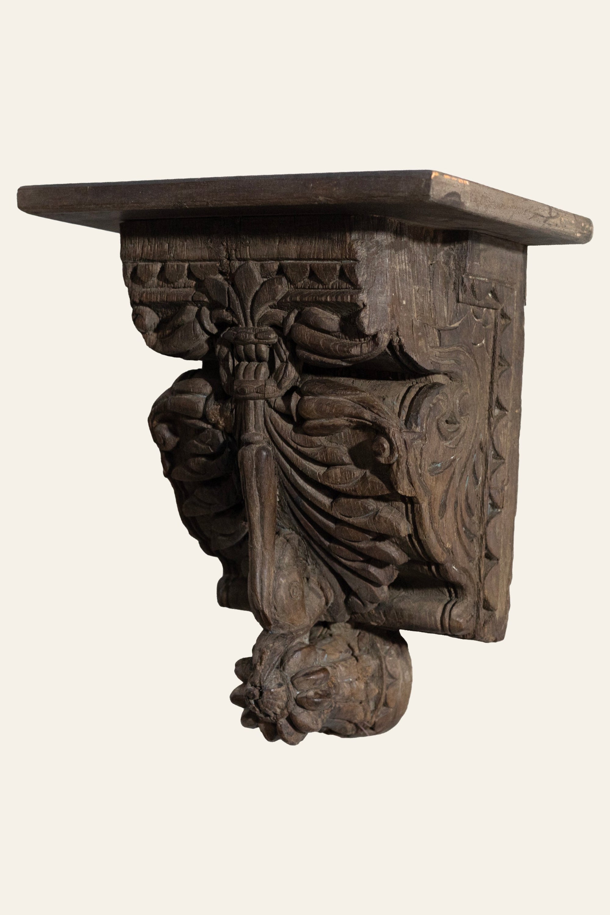 Carved Leaf Motif Wooden Wall Bracket