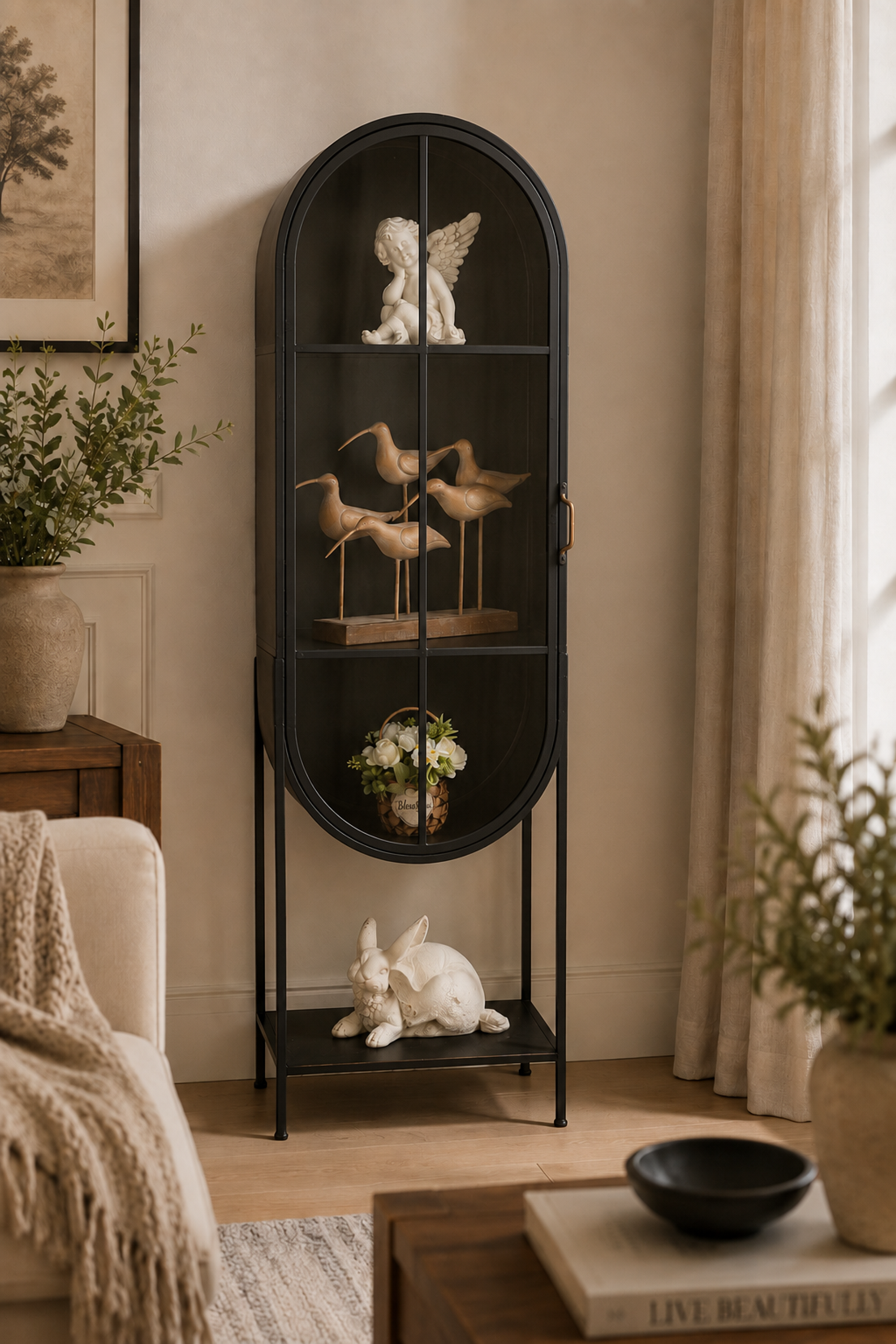 Black Arched Metal & Glass Curio Display Cabinet