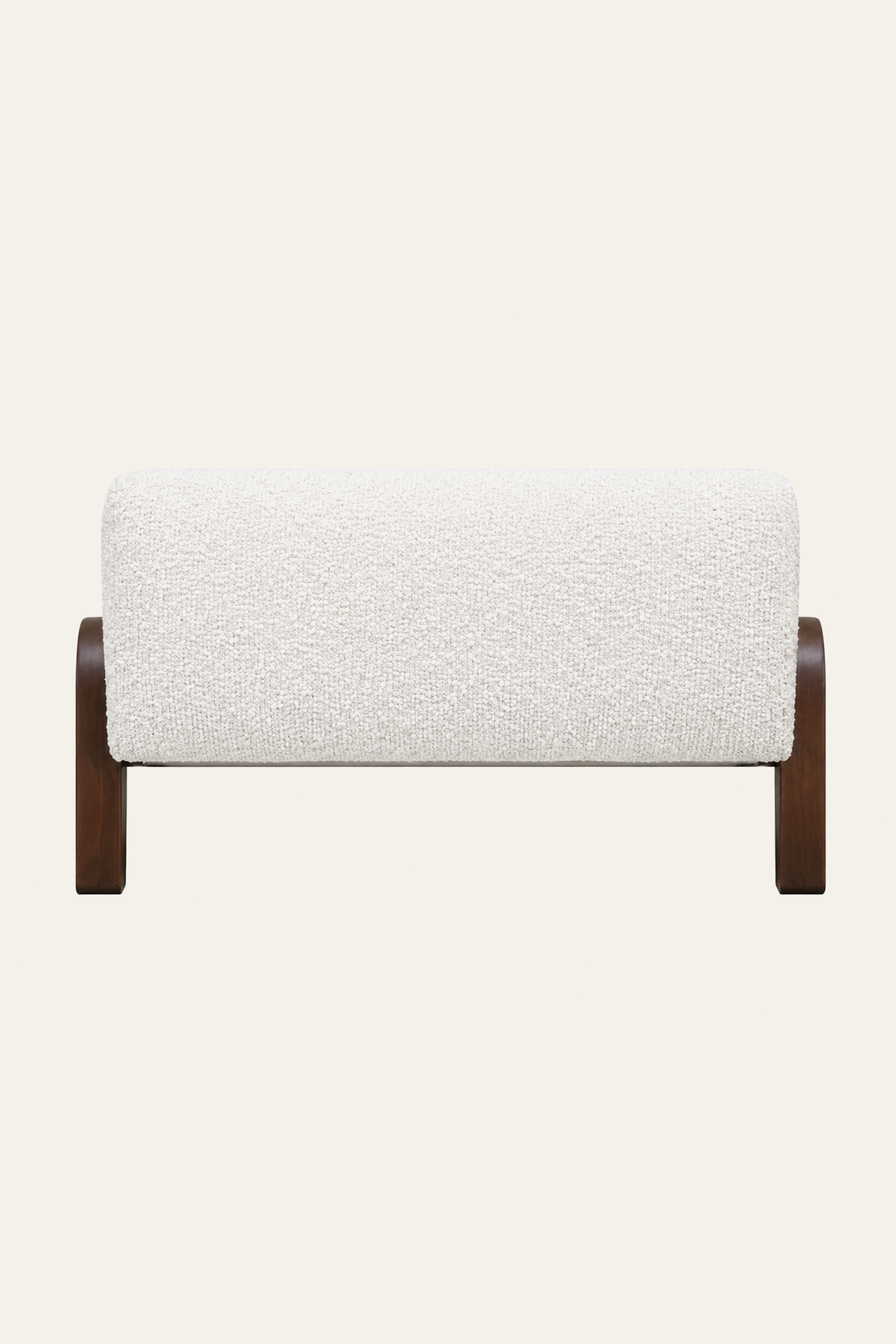 White Boucle Pouf Stool with Curved Wooden Legs