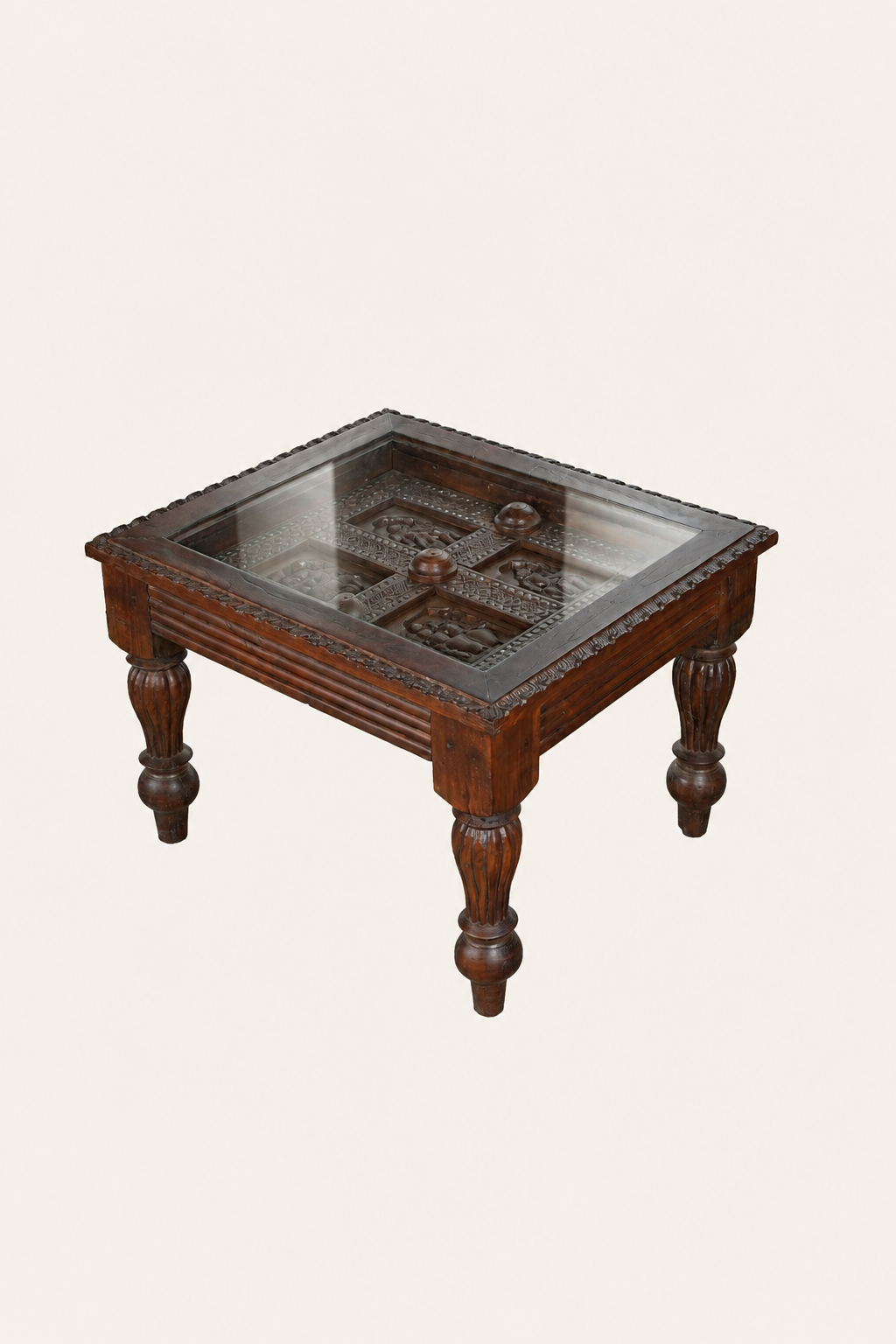 Square Carved Grid Panel Vintage Coffee Table with Baluster legs