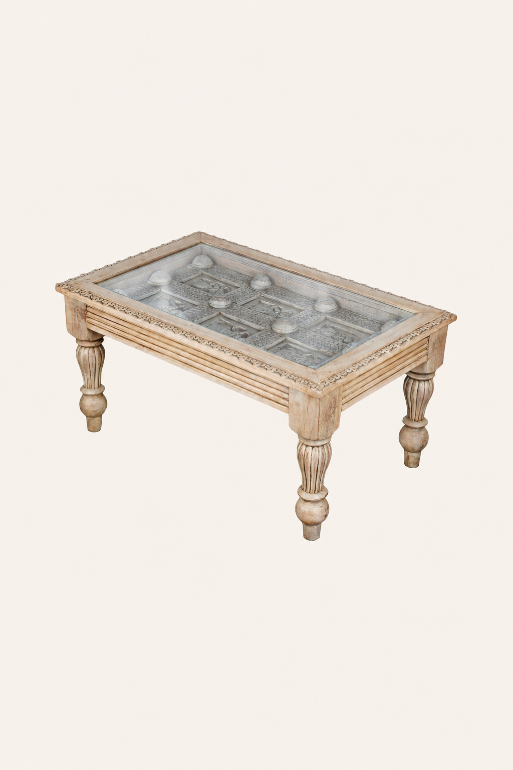 Indian Haveli Inspired Carved Rectangular Coffee Table with Turned Legs