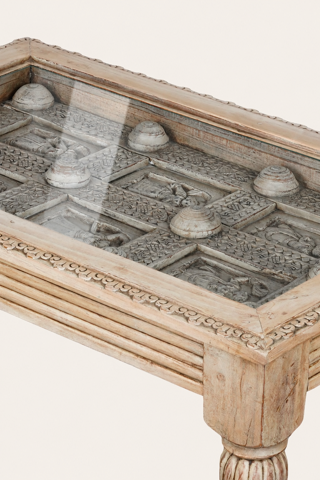 Indian Haveli Inspired Carved Rectangular Coffee Table with Turned Legs