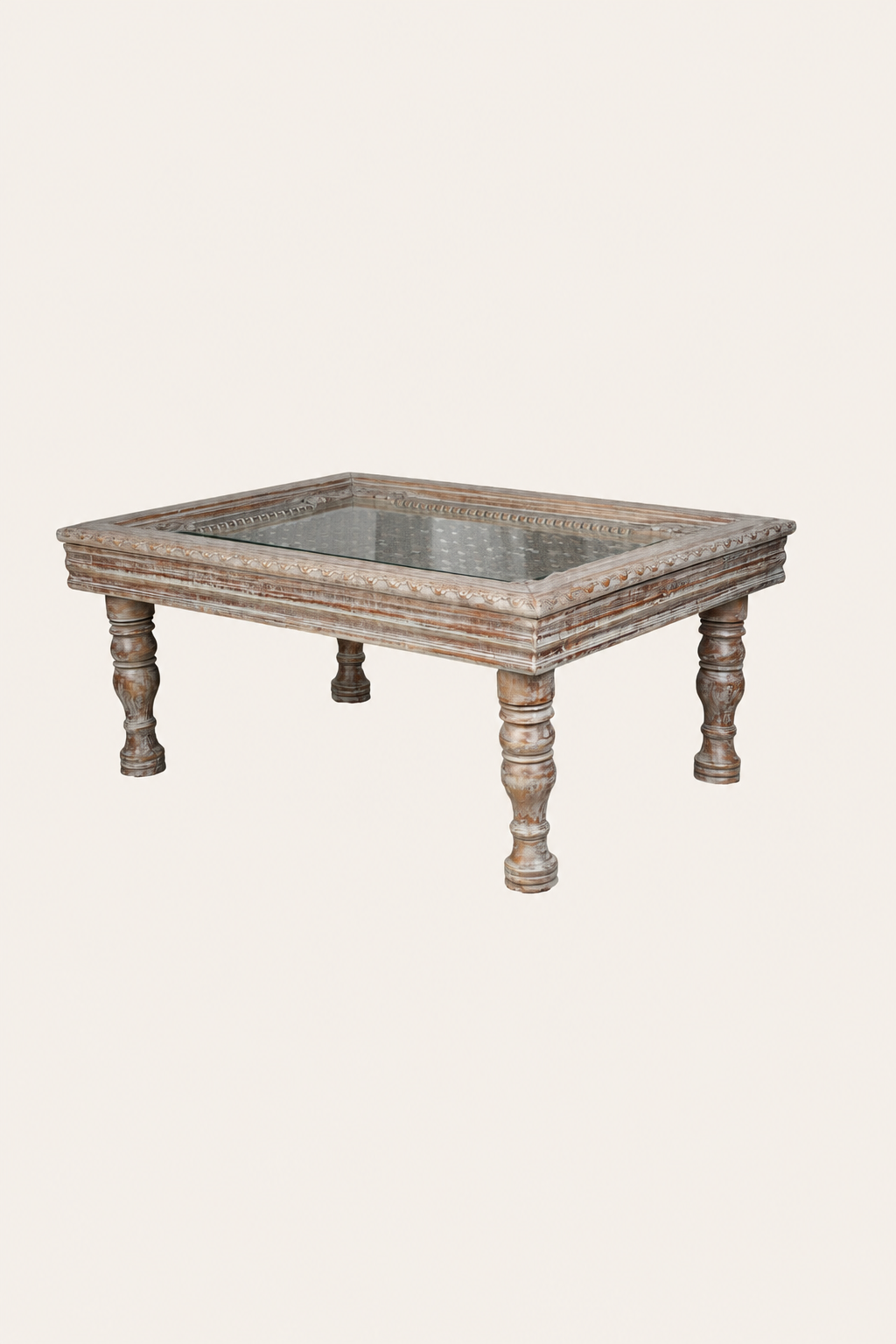 Distressed White Carved Mesh Coffee Table