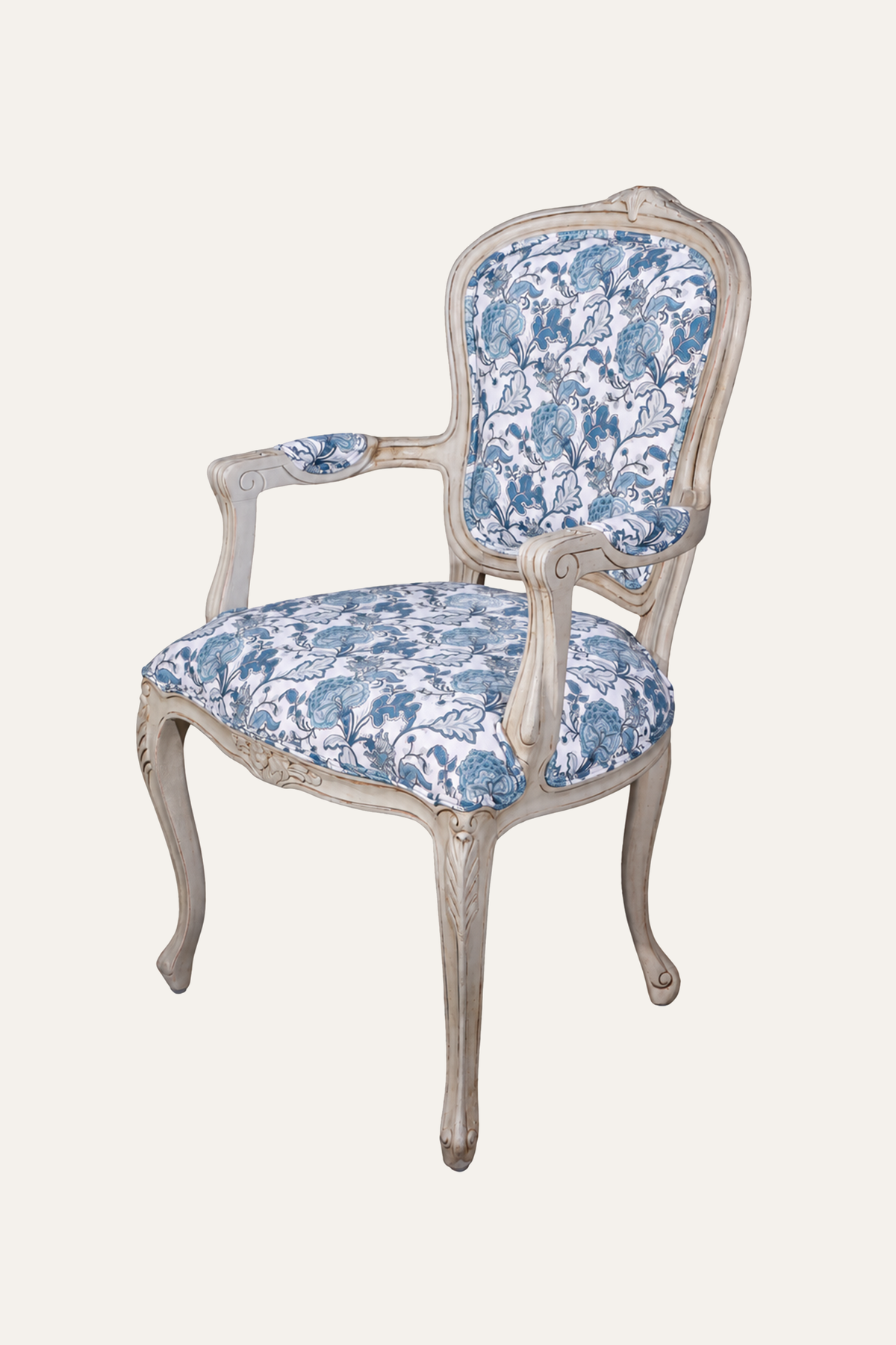 Blue French Style Floral Upholstered Armchair with Carved White Wood Frame