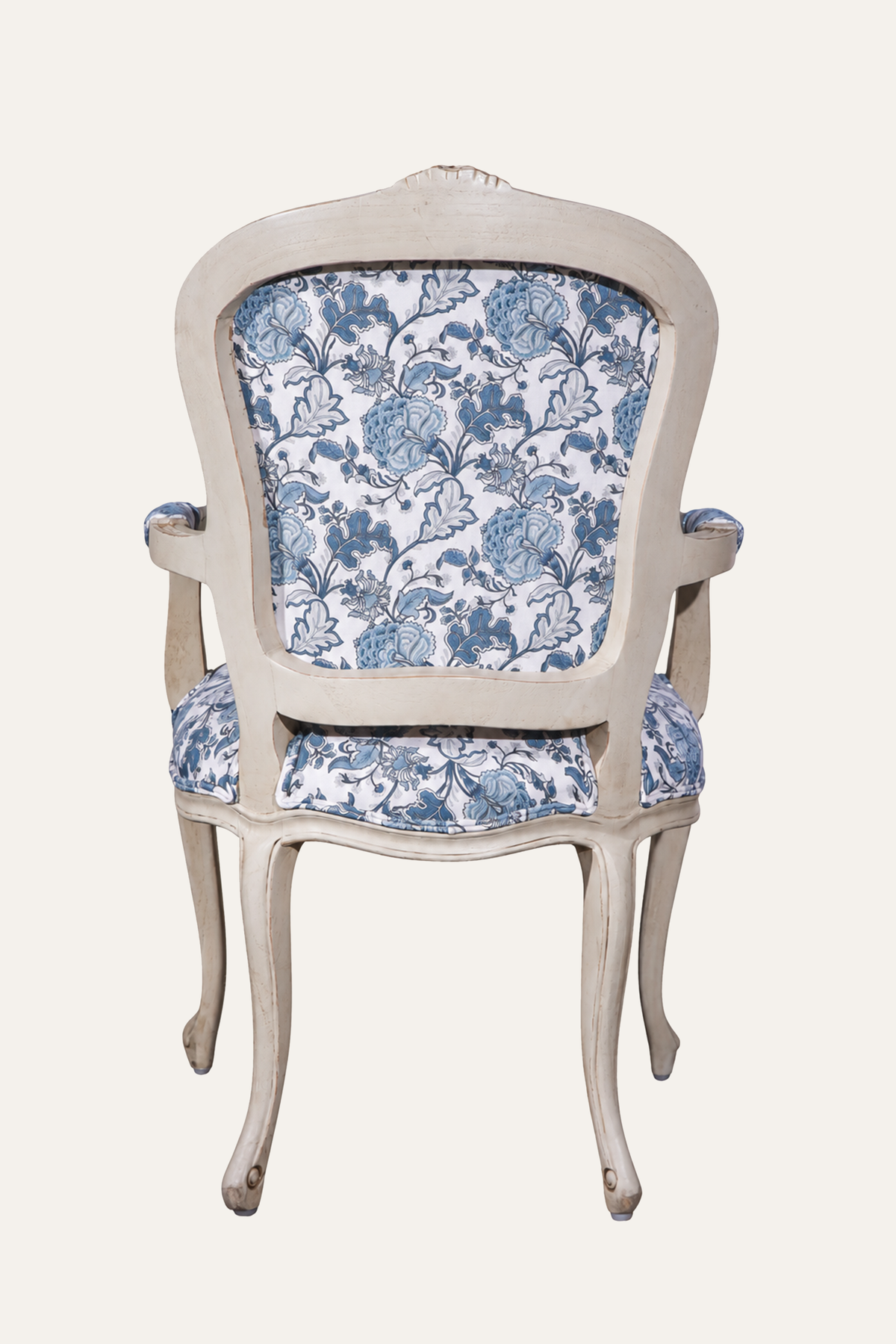 Blue French Style Floral Upholstered Armchair with Carved White Wood Frame