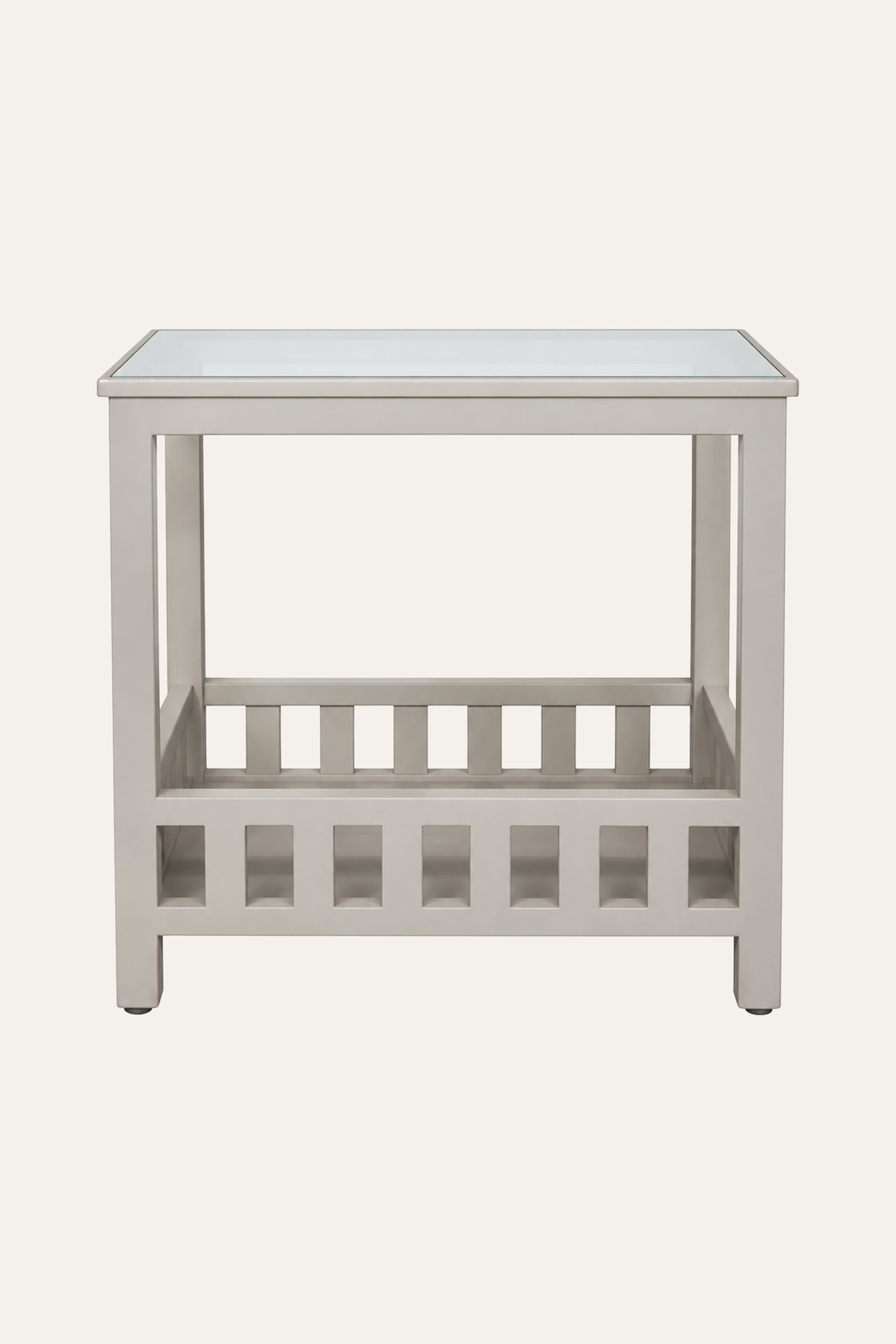 Light Taupe Wooden Side Table with Glass Top & Slatted Lower Shelf