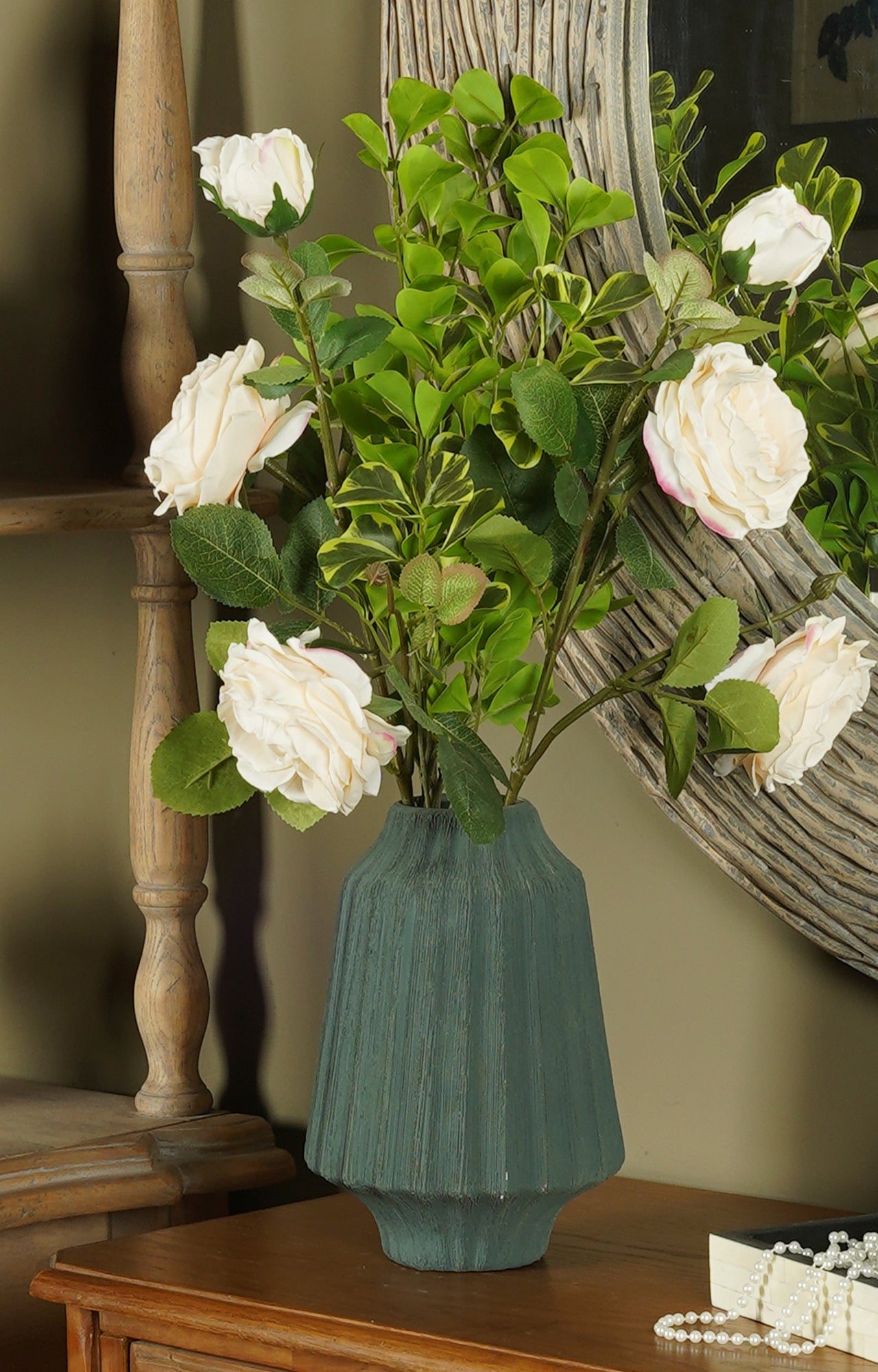 Cobalt Blue Ceramic Vase with Striped Pattern_lifestyle