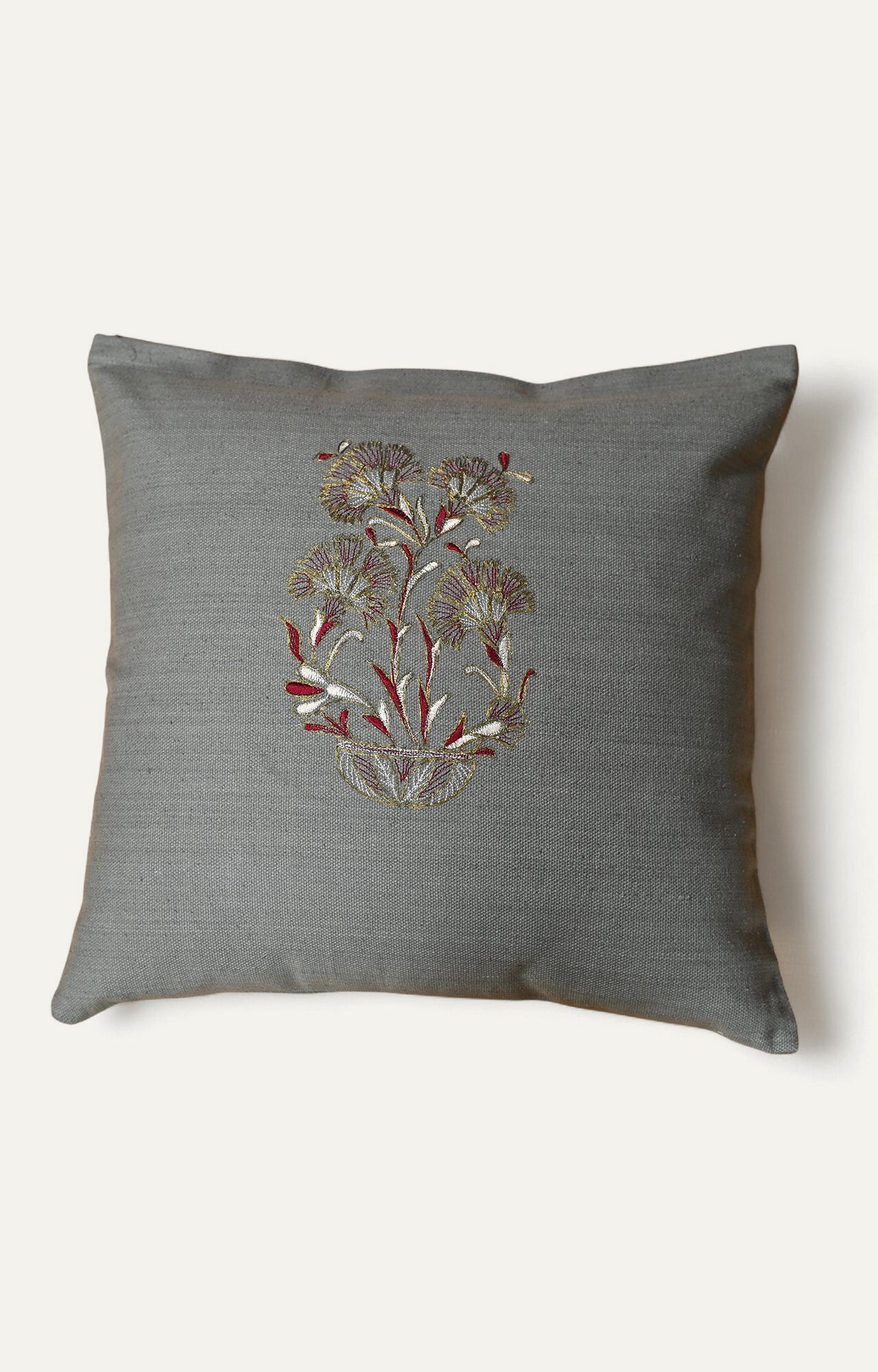 Grey Floral Embroidered Cotton Cushion Cover