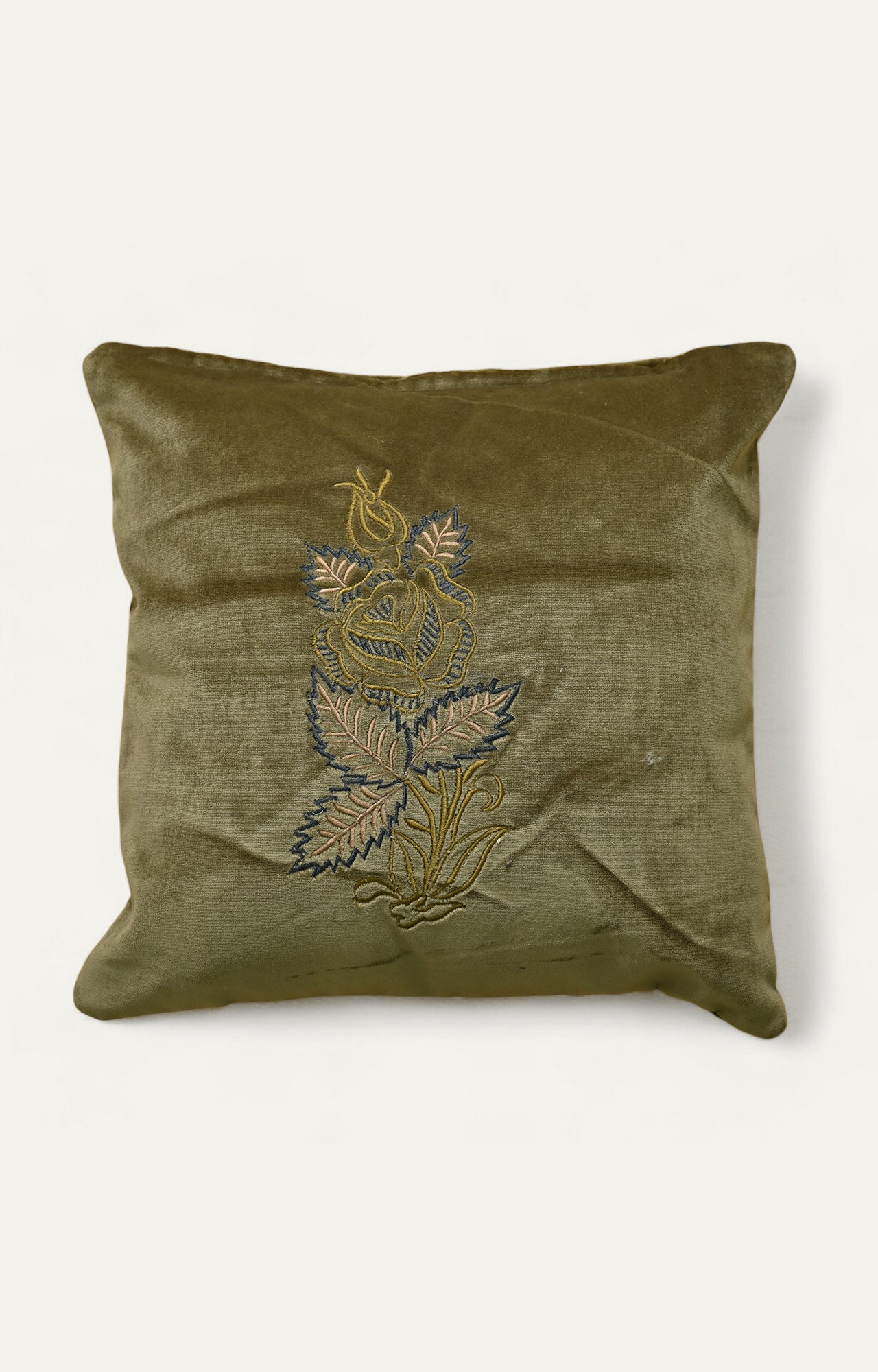 Green Floral Embroidered Cotton Cushion Cover