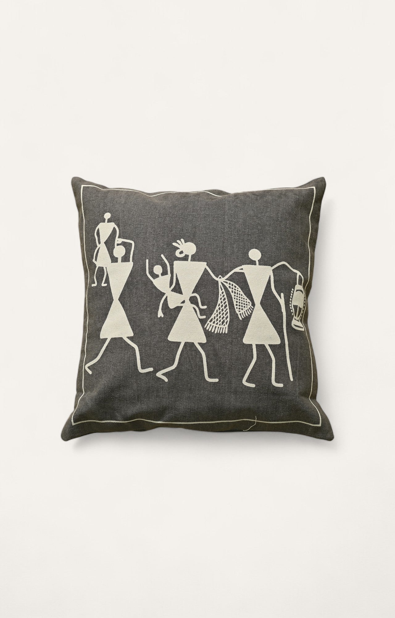 Warli Print black Cotton Linen Cushion