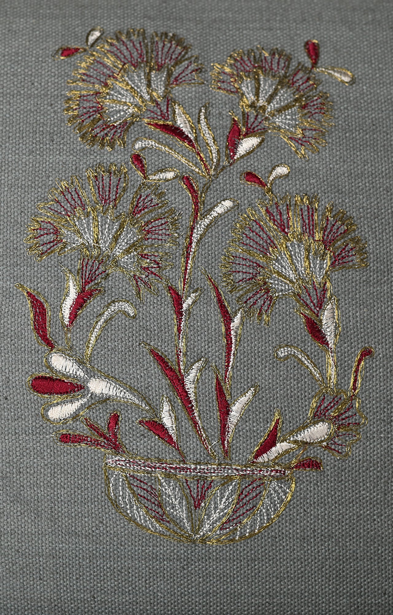 Grey Floral Embroidered Cotton Cushion Cover