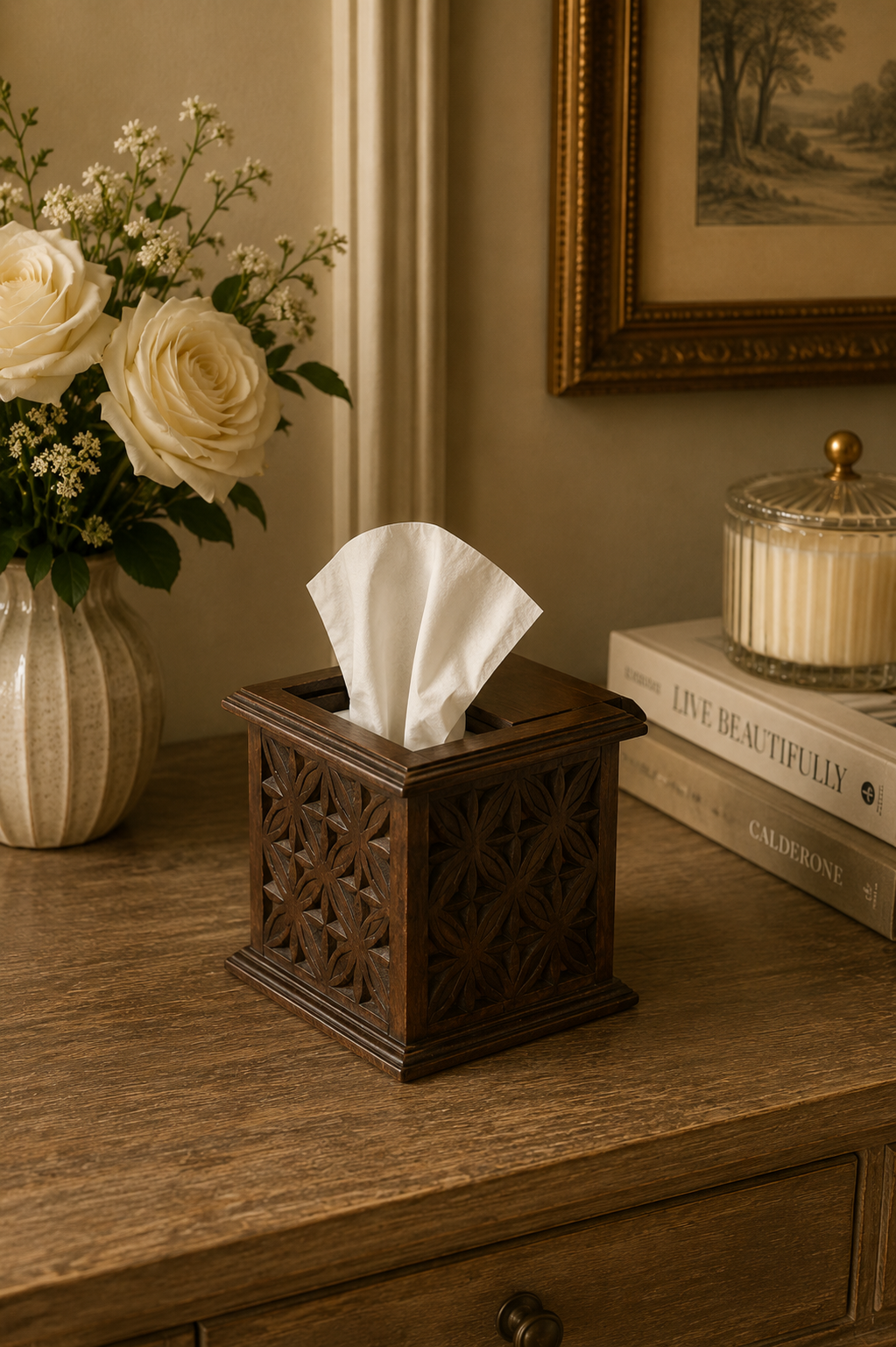 Carved Acacia Wood Lidded Box