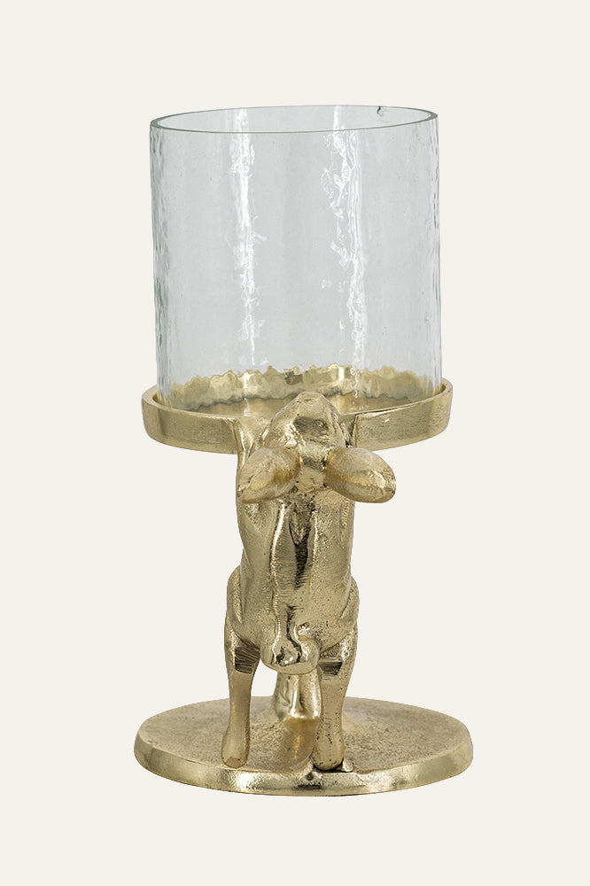 Golden Metal and Glass Candle Holder with a Hare Figurine