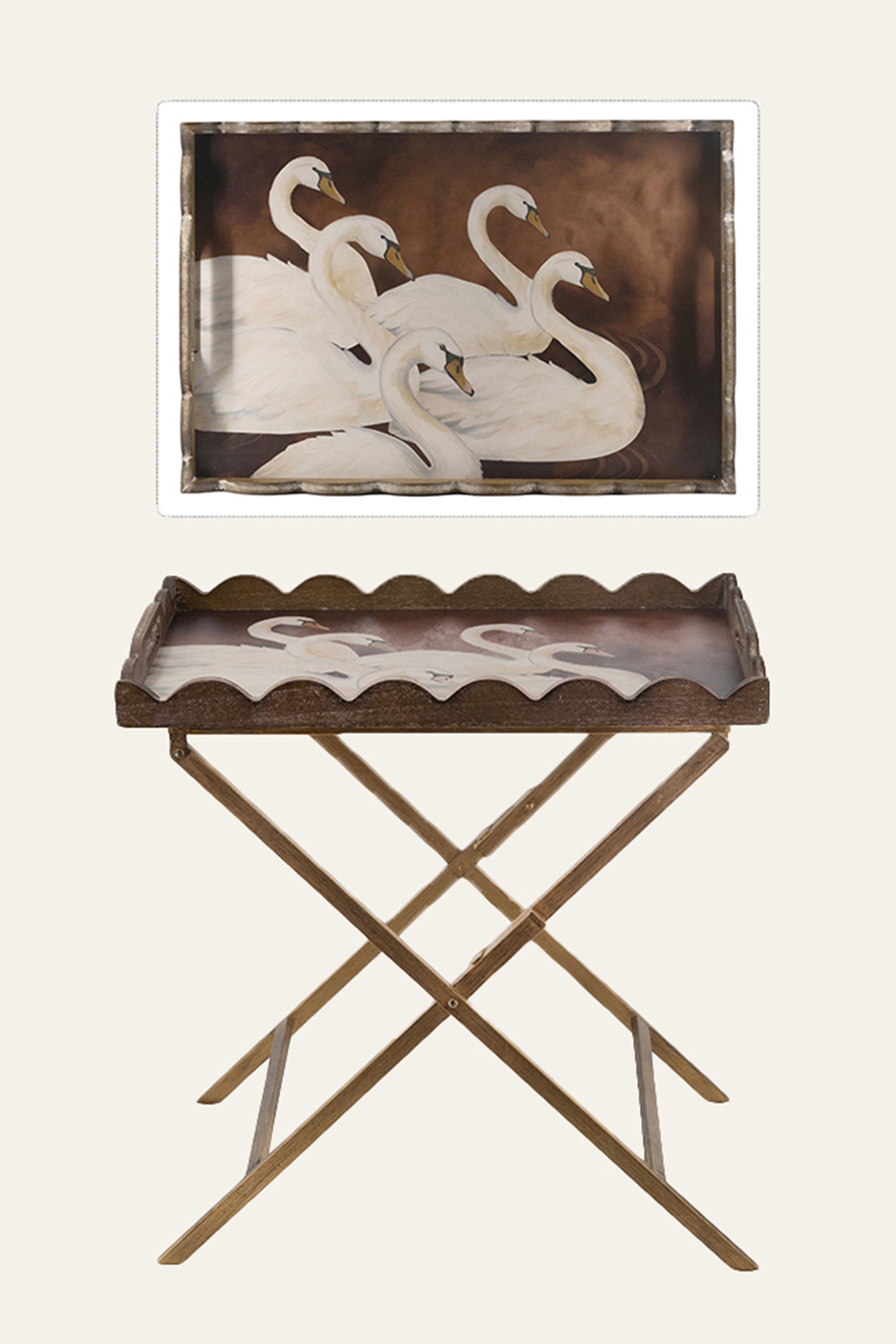 Handpainted Swan Motif Scalloped Tray Table