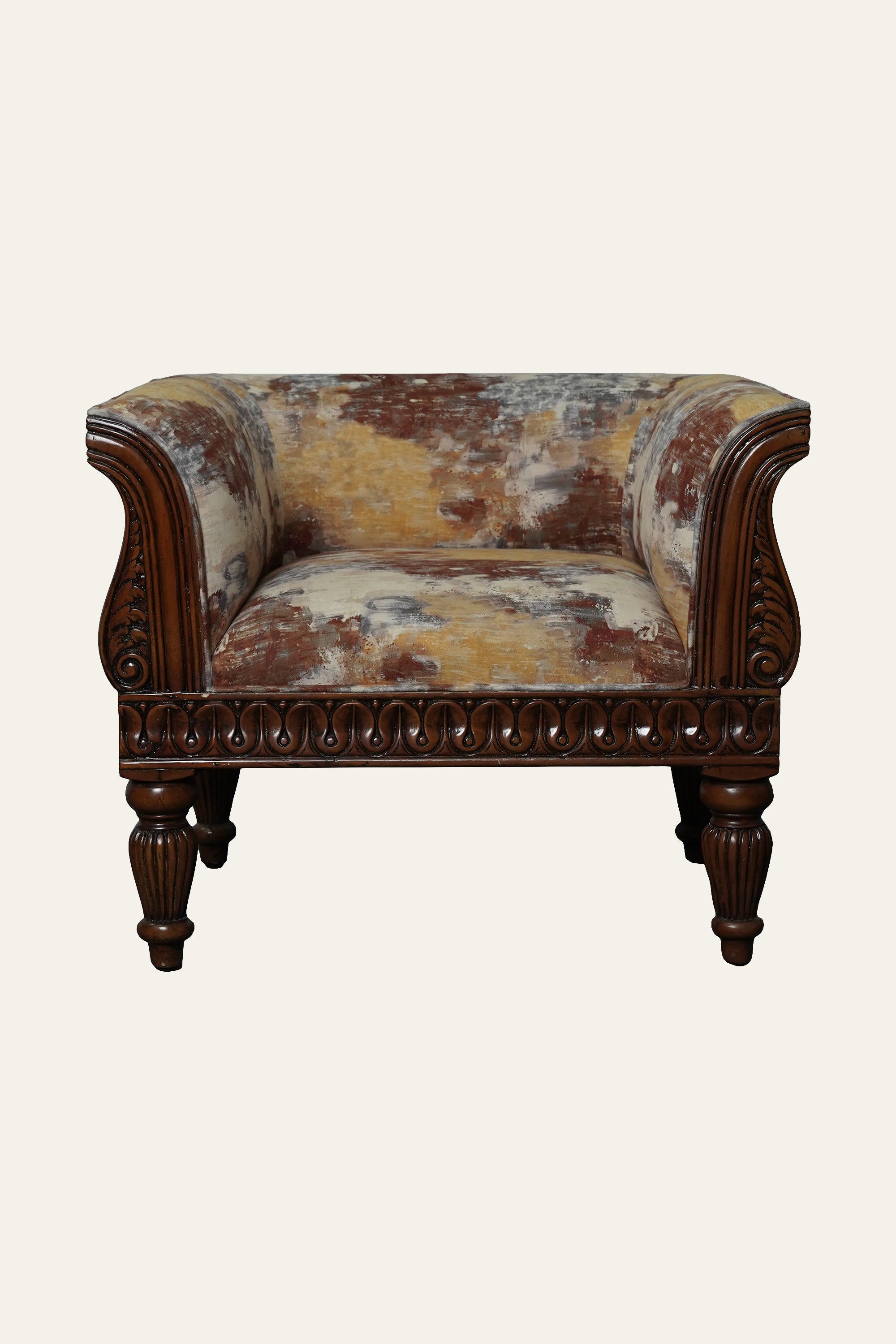 Carved Barrel Armchair with Upholstery