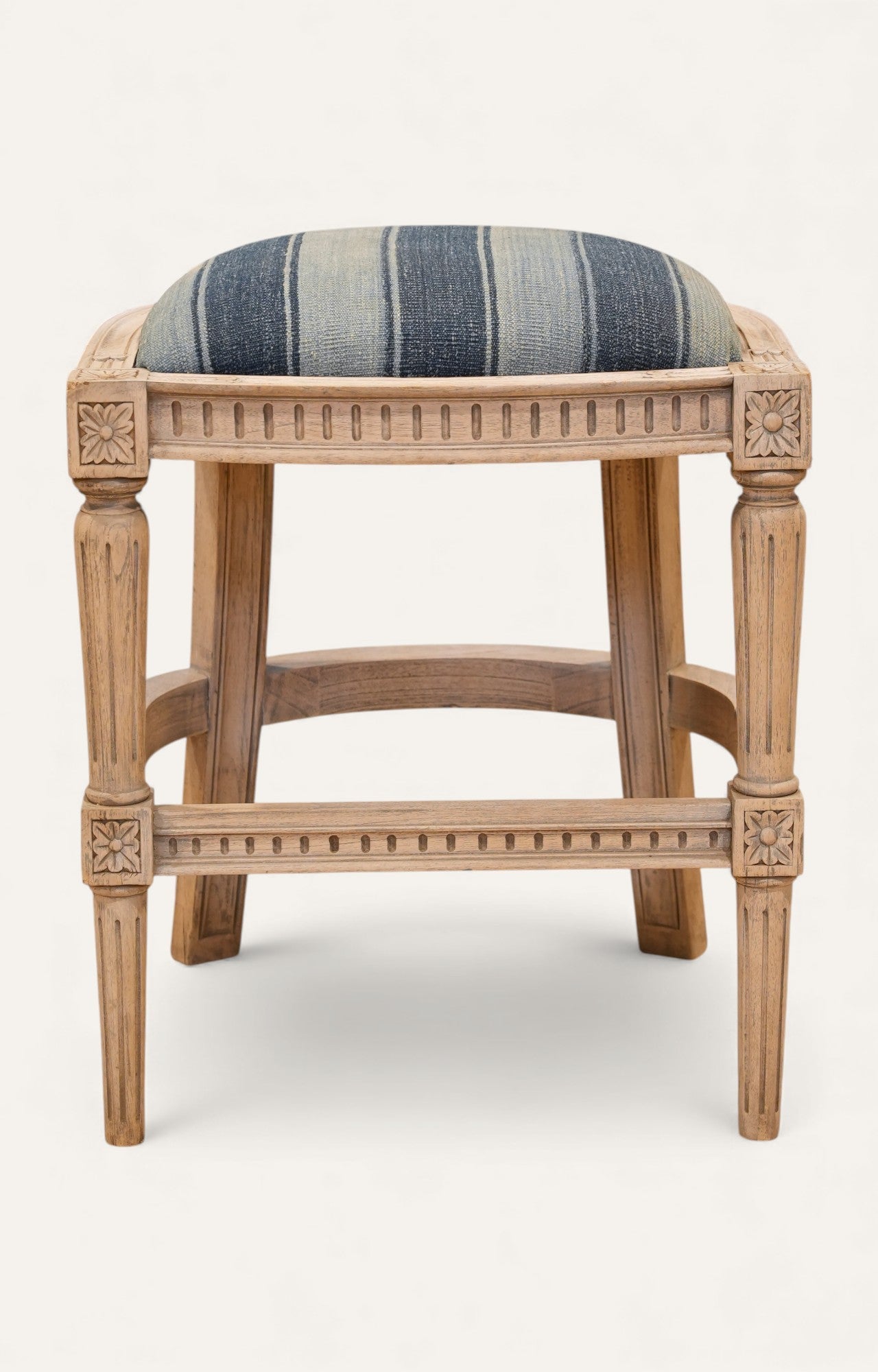 Striped Linen Carved Wood Stool