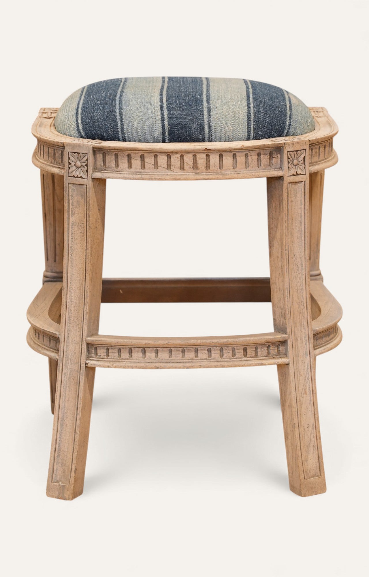 Striped Linen Carved Wood Stool