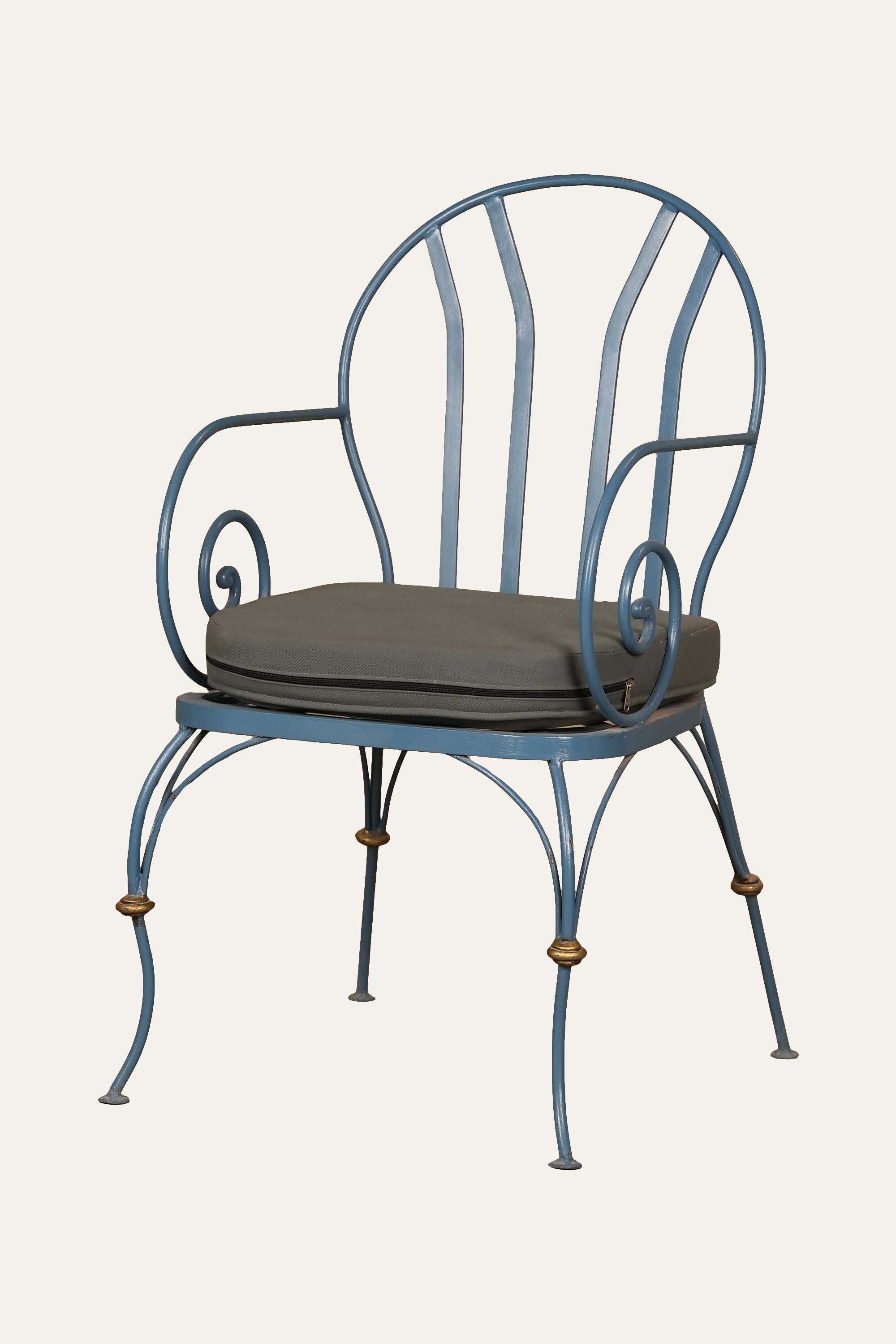 Blue Fan-Back Wrought Iron Upholstered Arm Chair