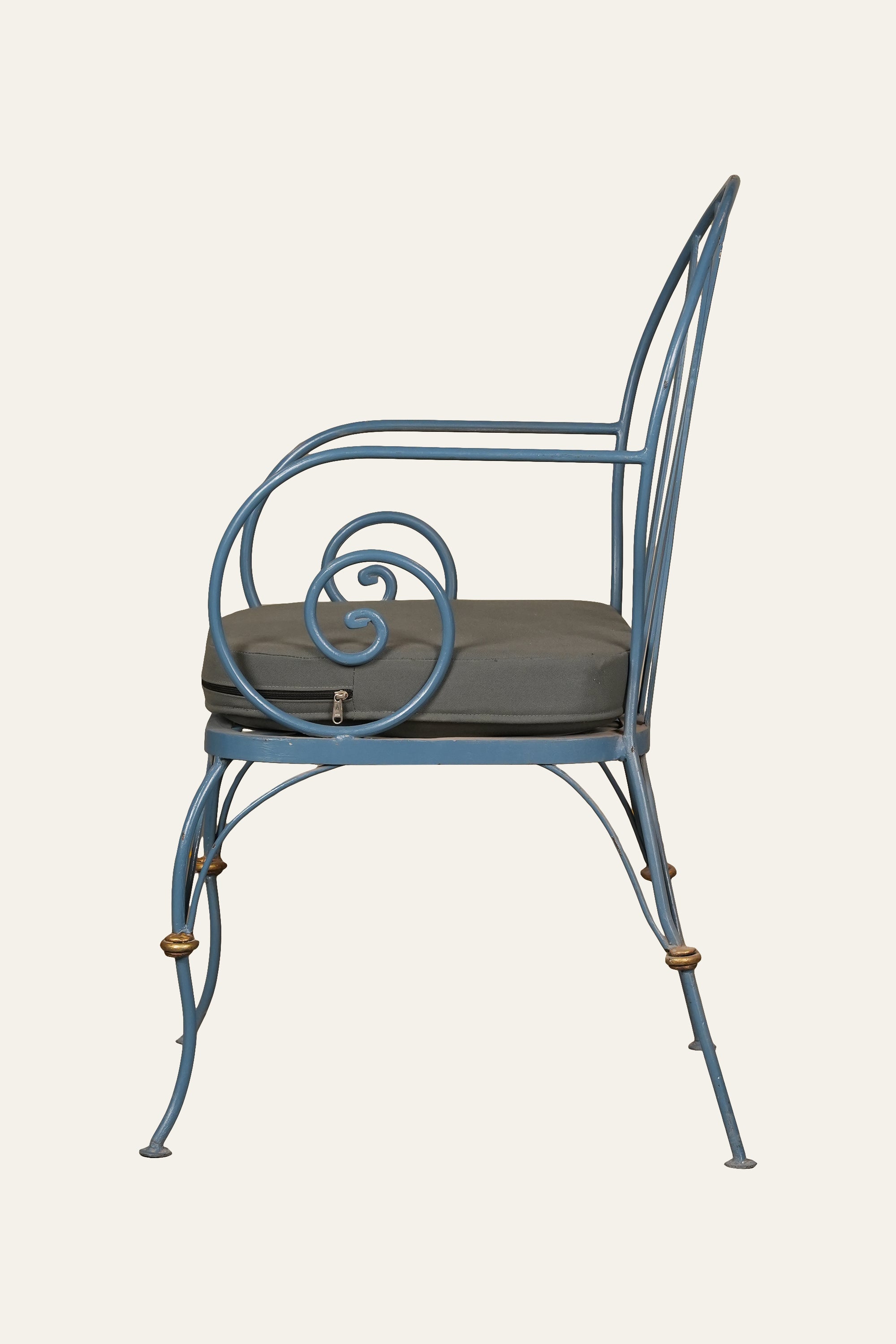 Blue Fan-Back Wrought Iron Upholstered Arm Chair