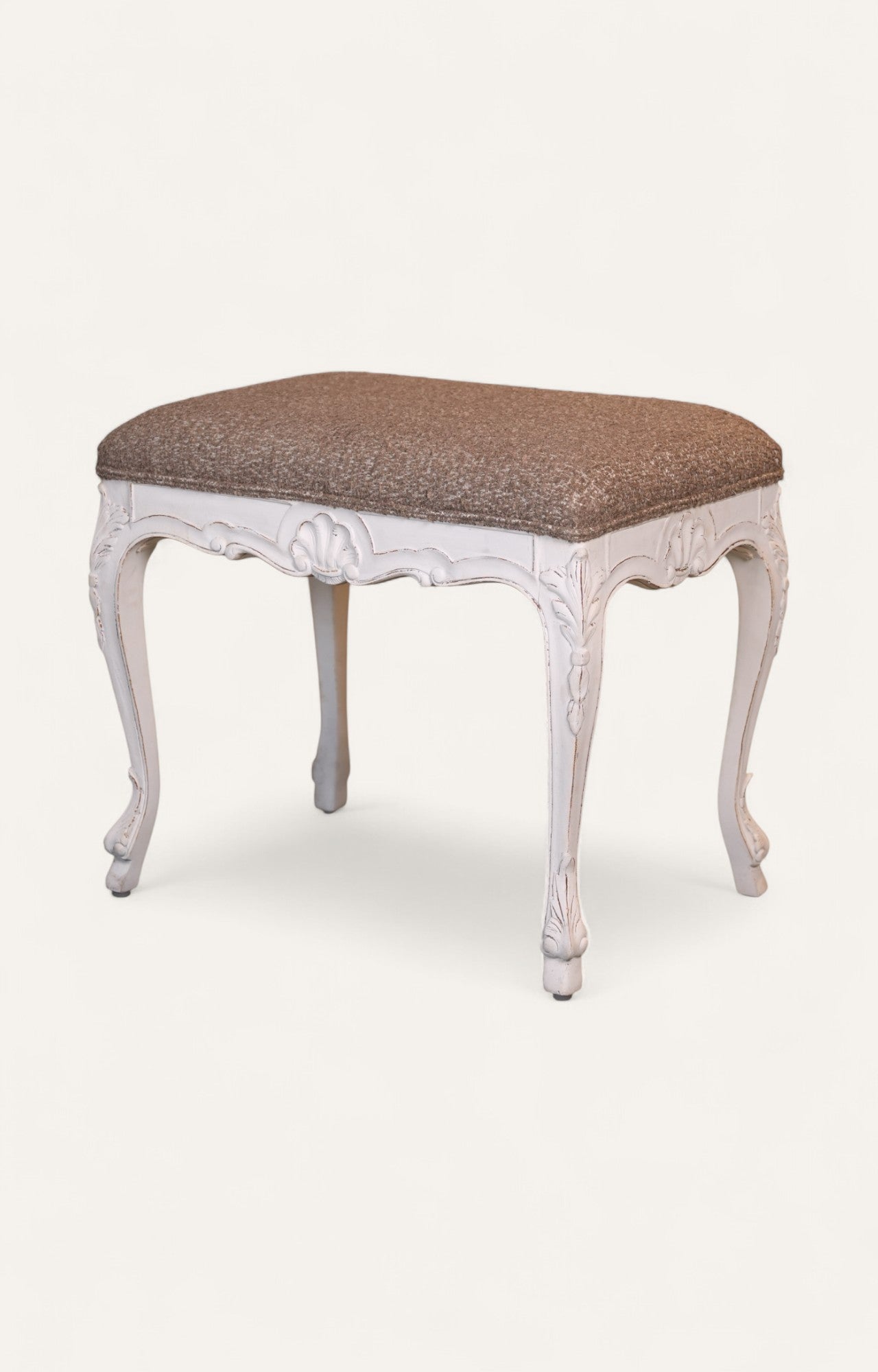 Rococo Carved White Stool with Tweed Upholstery
