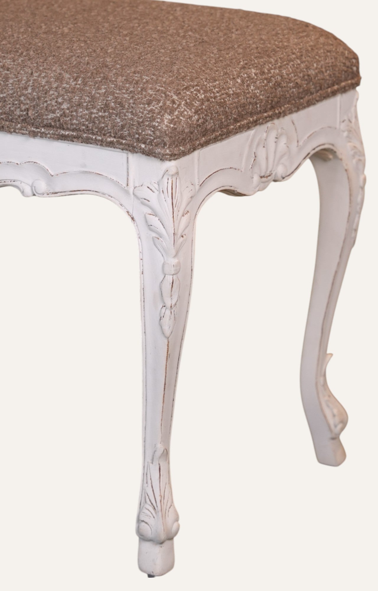 Rococo Carved White Stool with Tweed Upholstery