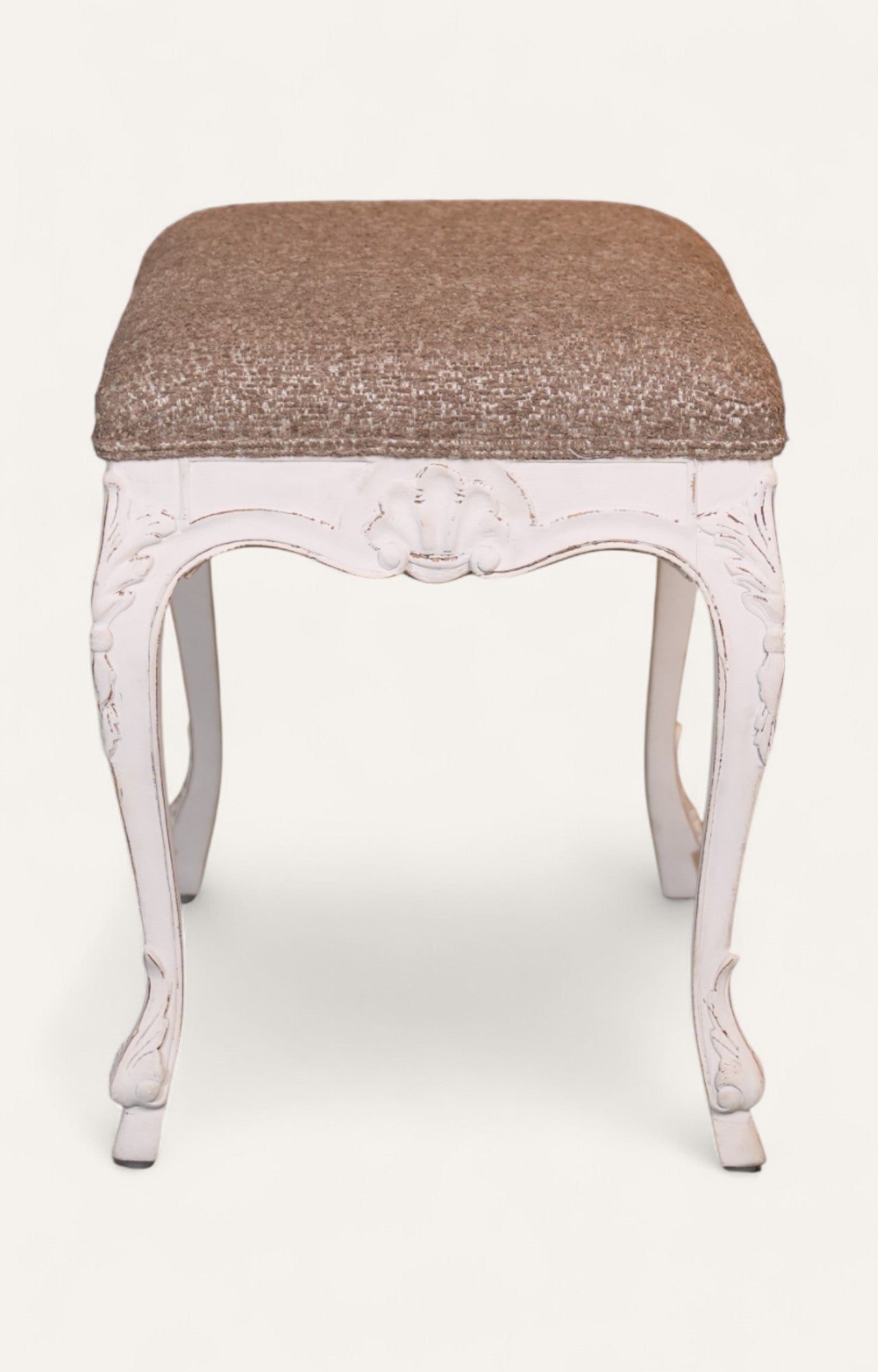 Rococo Carved White Stool with Tweed Upholstery