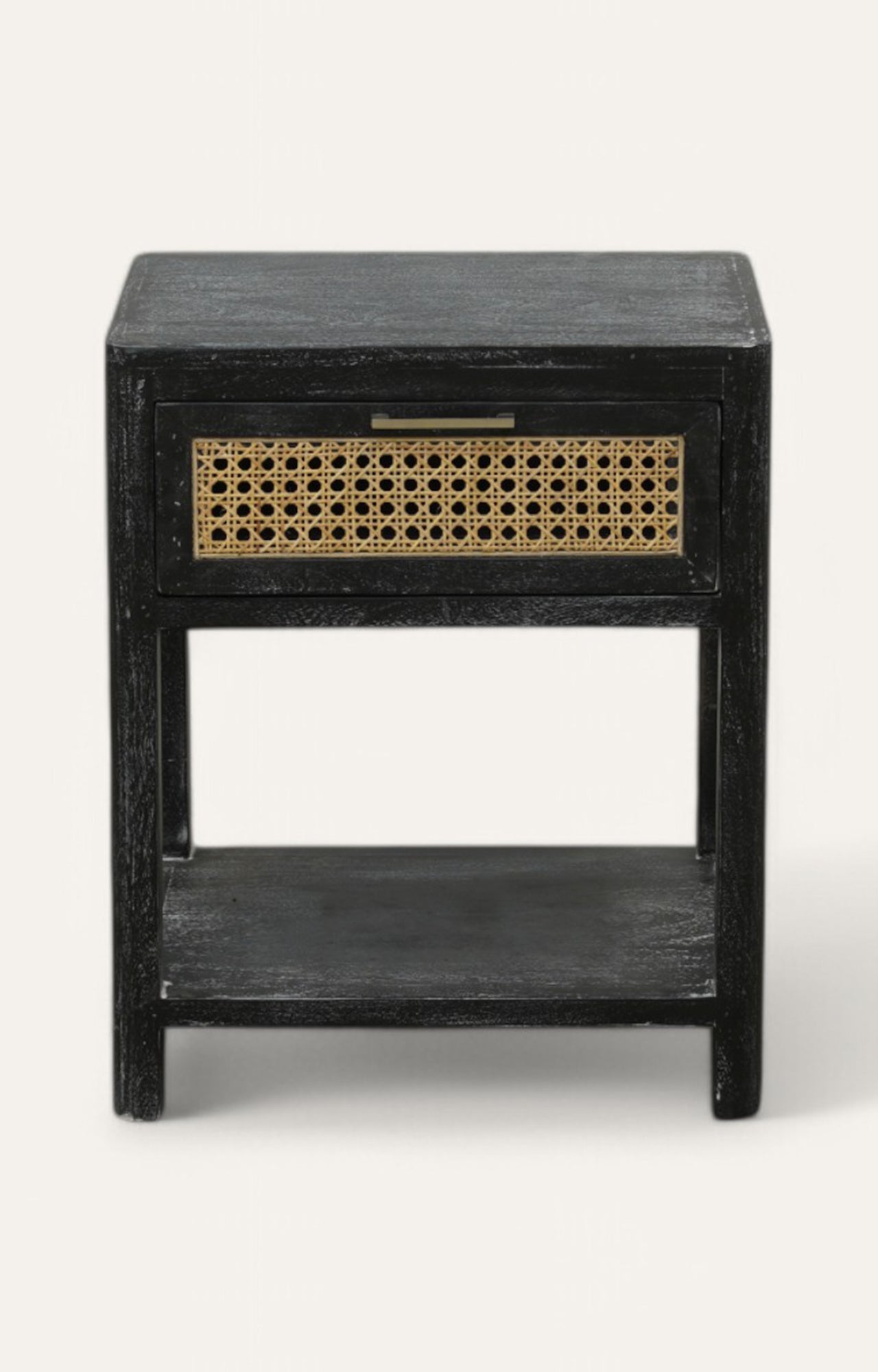 Cozy Woven Cane Front Accent Nightstand with Brass Handle Drawer