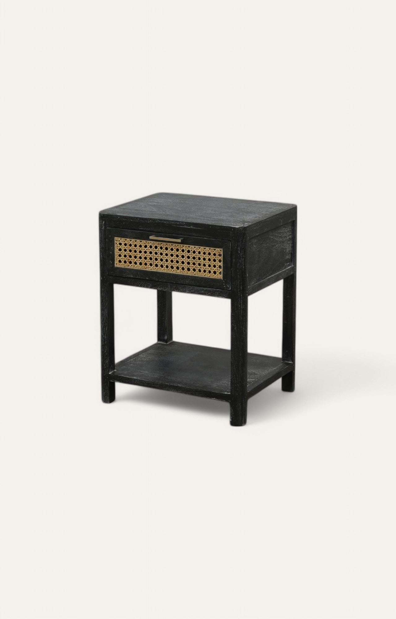 Cozy Woven Cane Front Accent Nightstand with Brass Handle Drawer