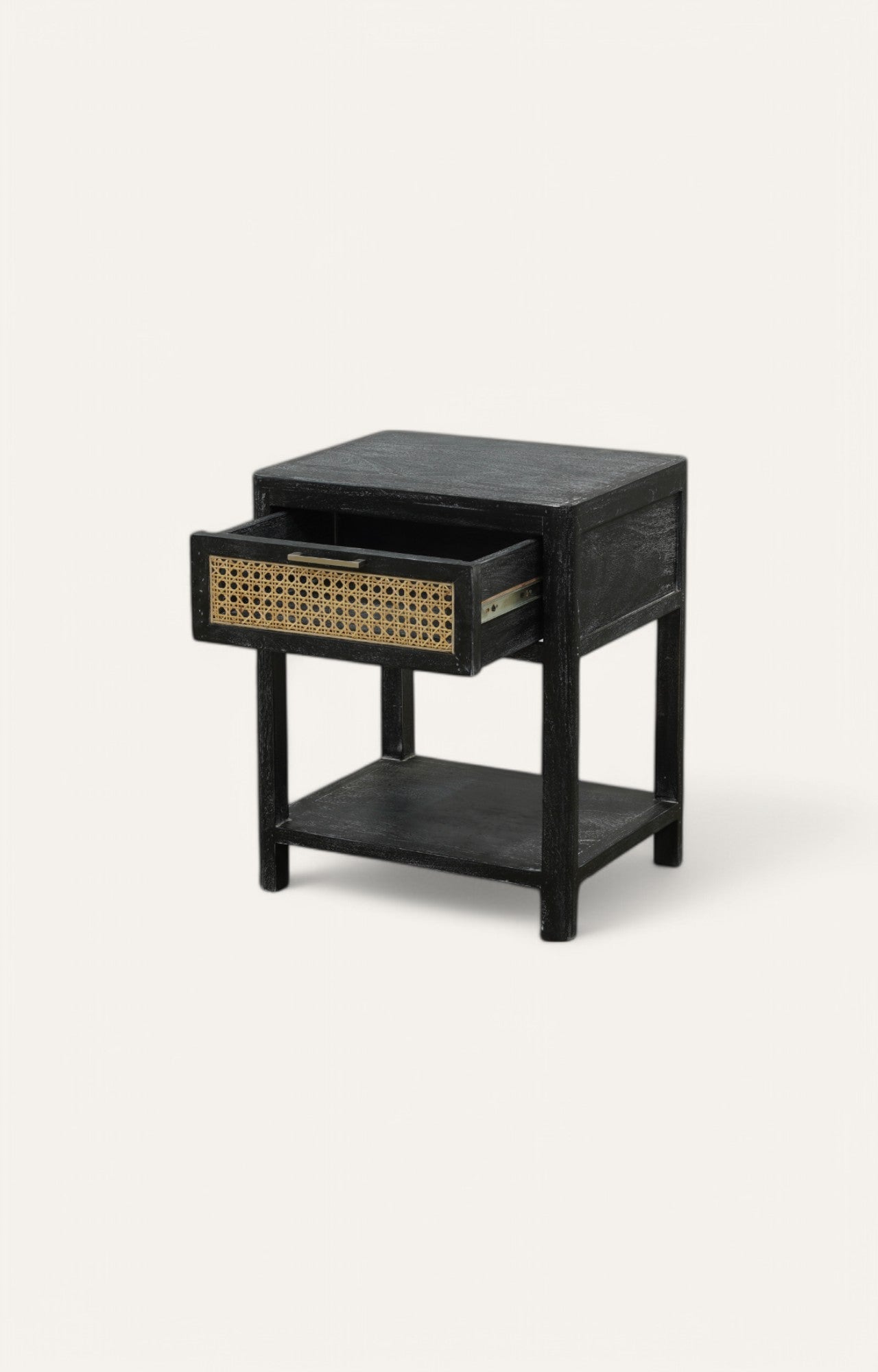 Cozy Woven Cane Front Accent Nightstand with Brass Handle Drawer