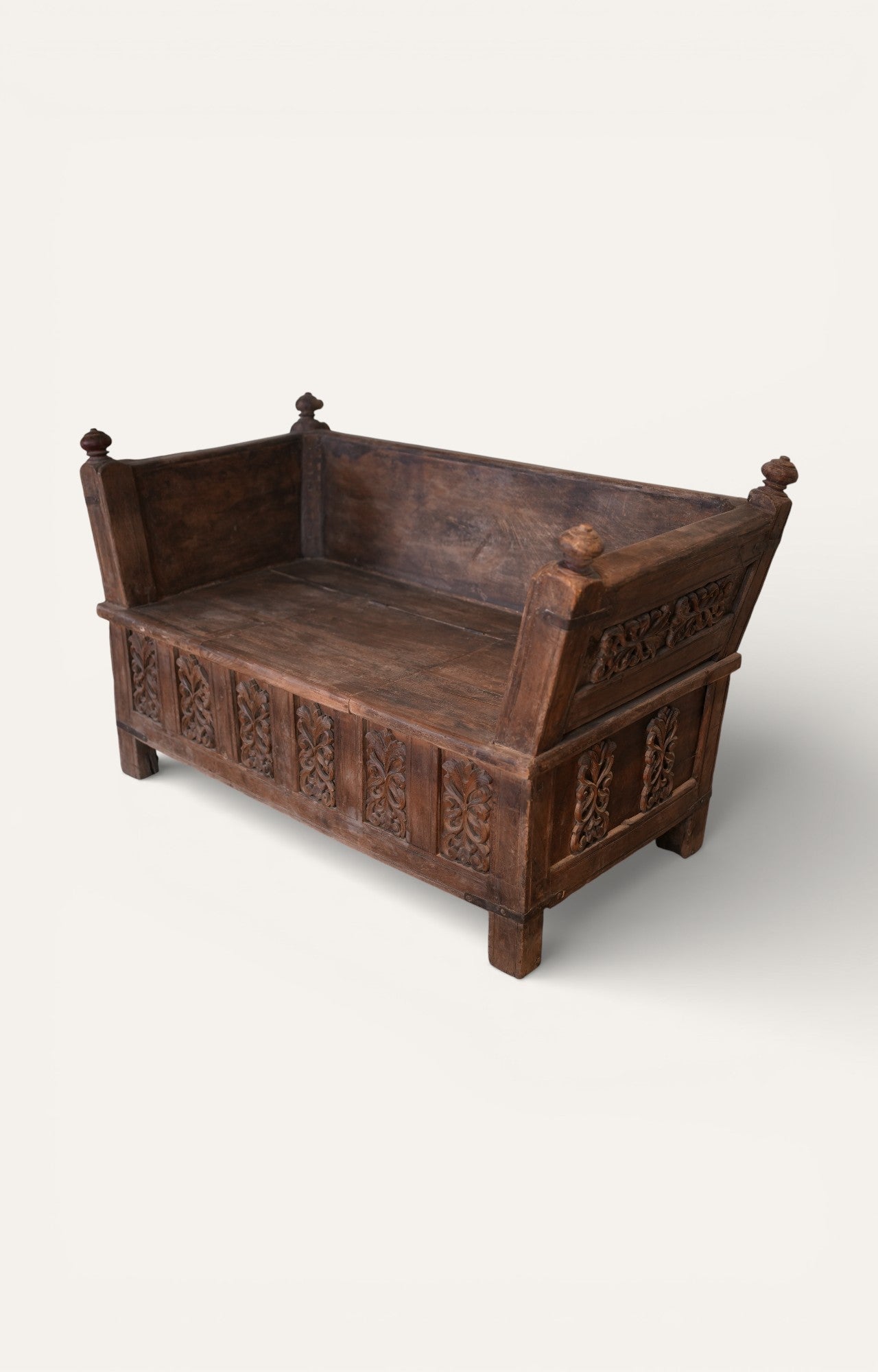 Hand-Carved Vintage Wooden Storage Bench Settee