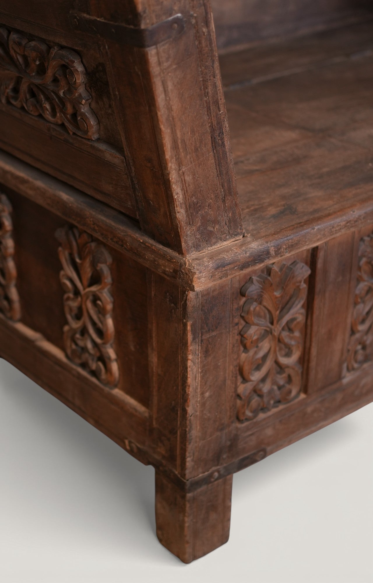 Hand-Carved Vintage Wooden Storage Bench Settee