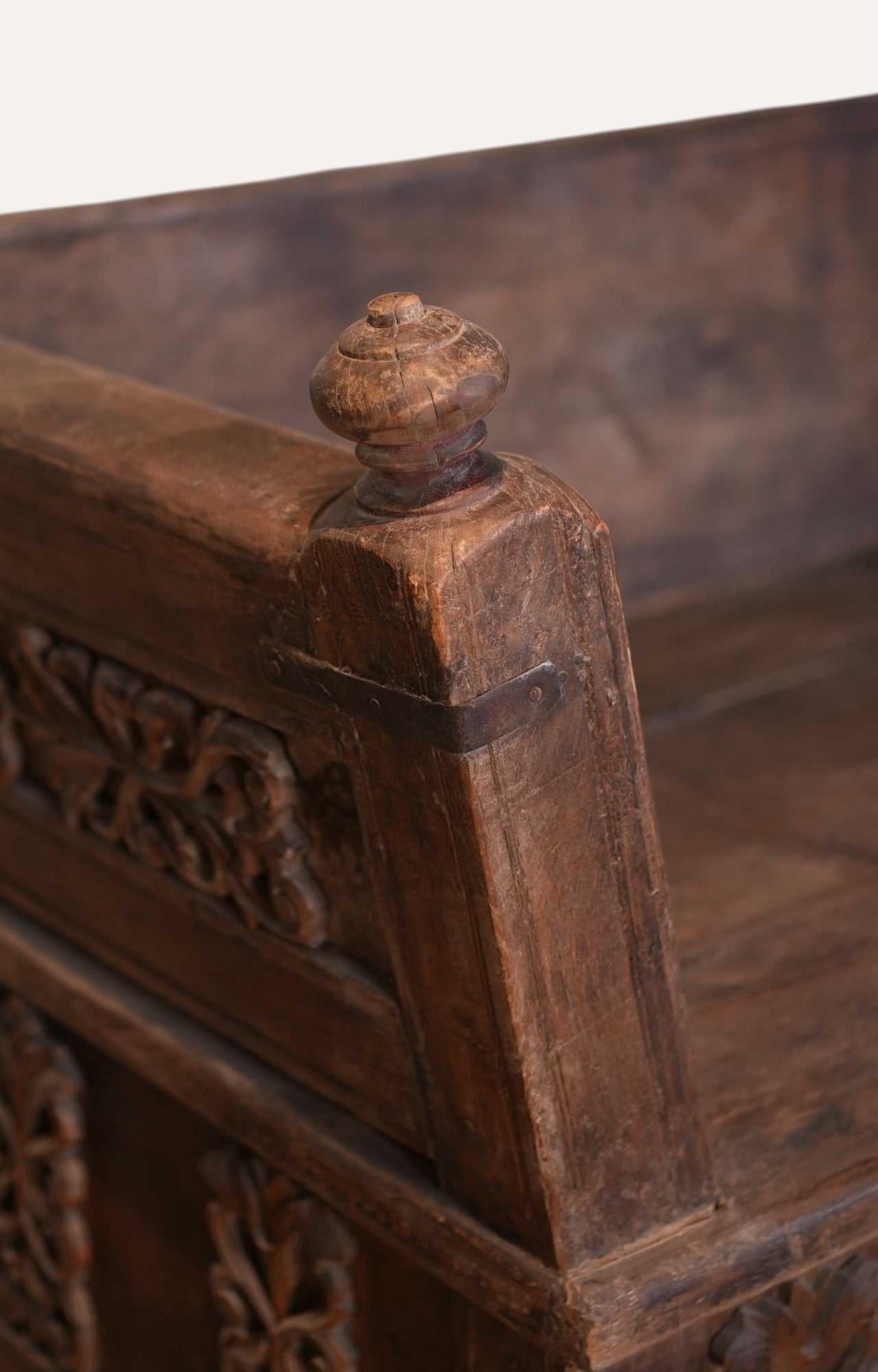Hand-Carved Vintage Wooden Storage Bench Settee