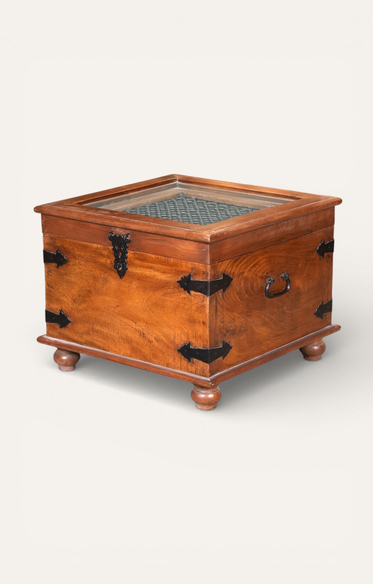 Vintage Wooden Trunk Coffee Table with Iron Grill Top