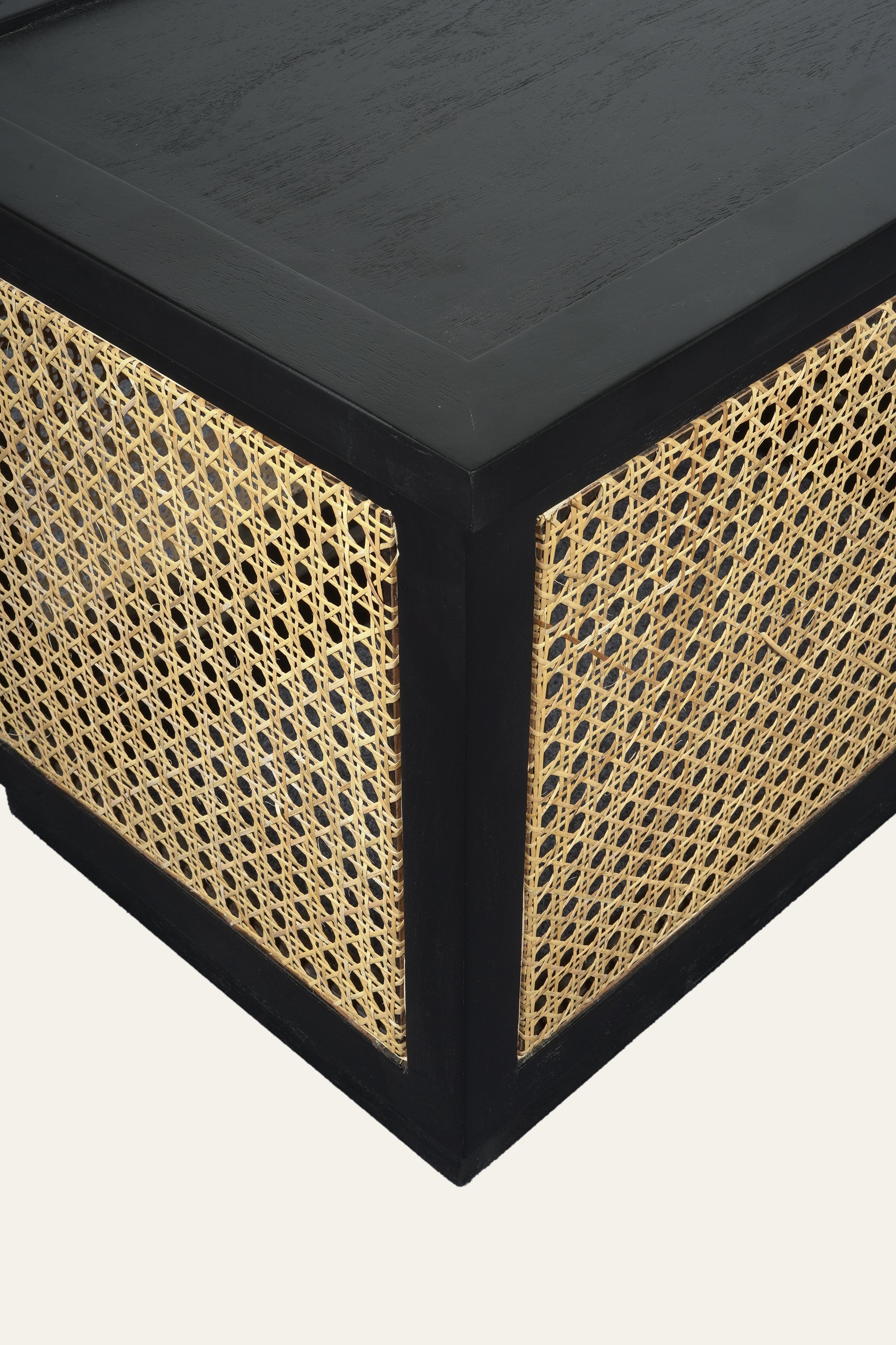 Modern Black Bedside Table with Cane Panels
