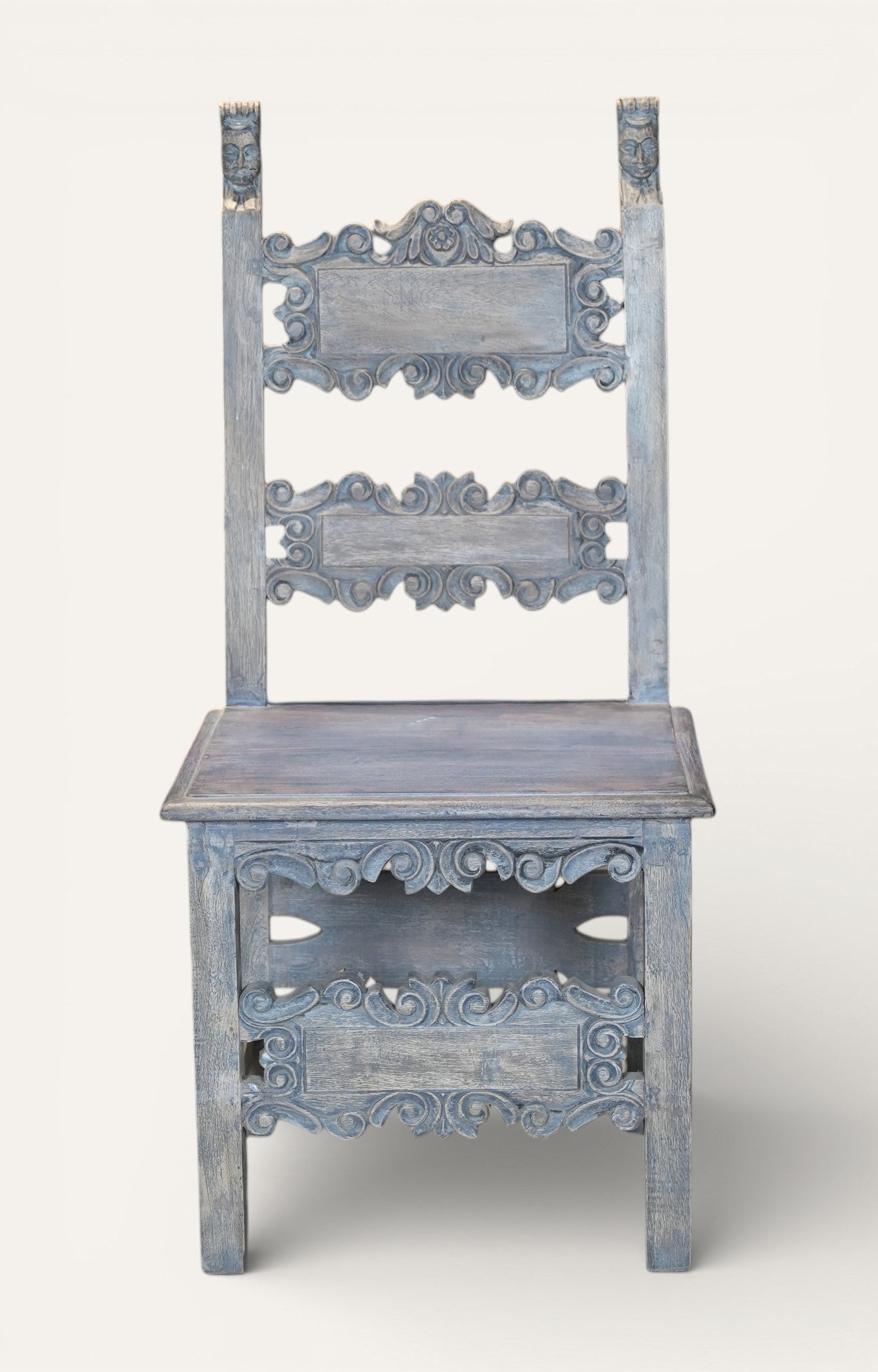 Hand-Carved Blue Distressed Wooden Accent Chair