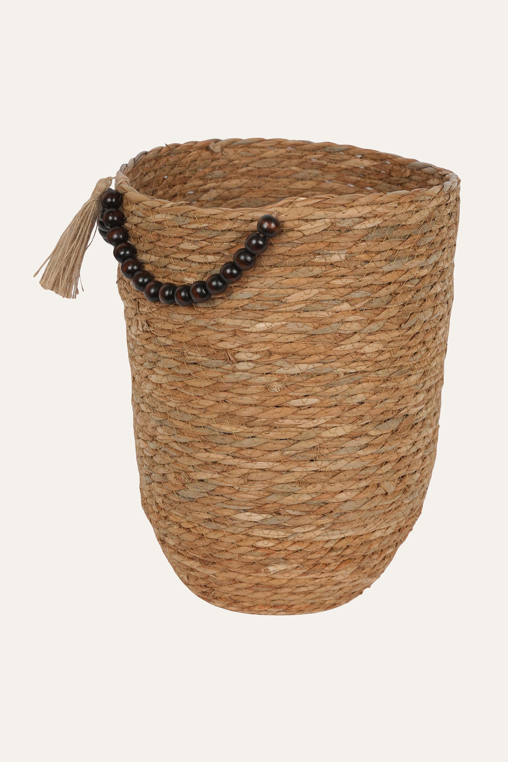 Straw & Wooden Bead Woven Storage Basket - Small