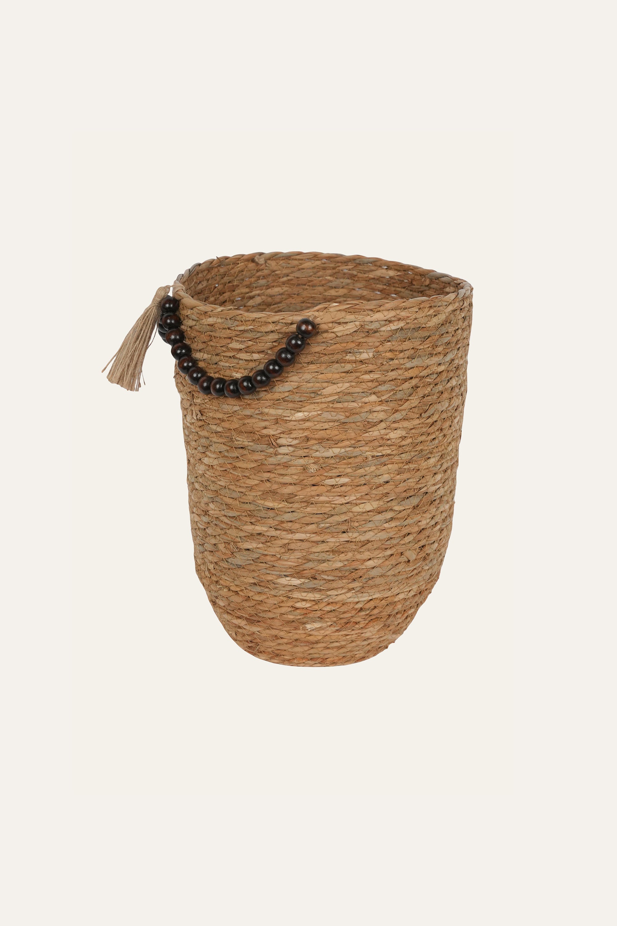 Straw & Wooden Bead Woven Storage Basket - Small