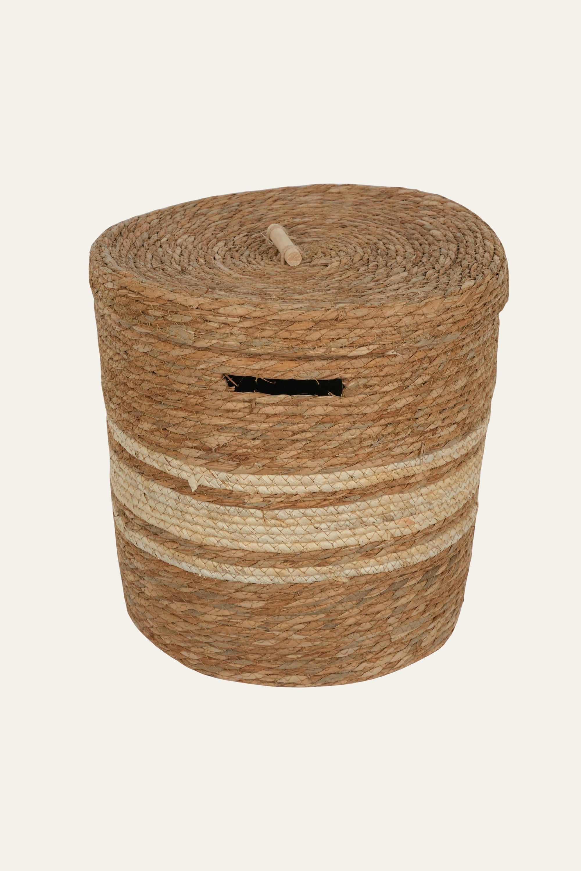 Striped Straw & Wood Lidded Basket - Large