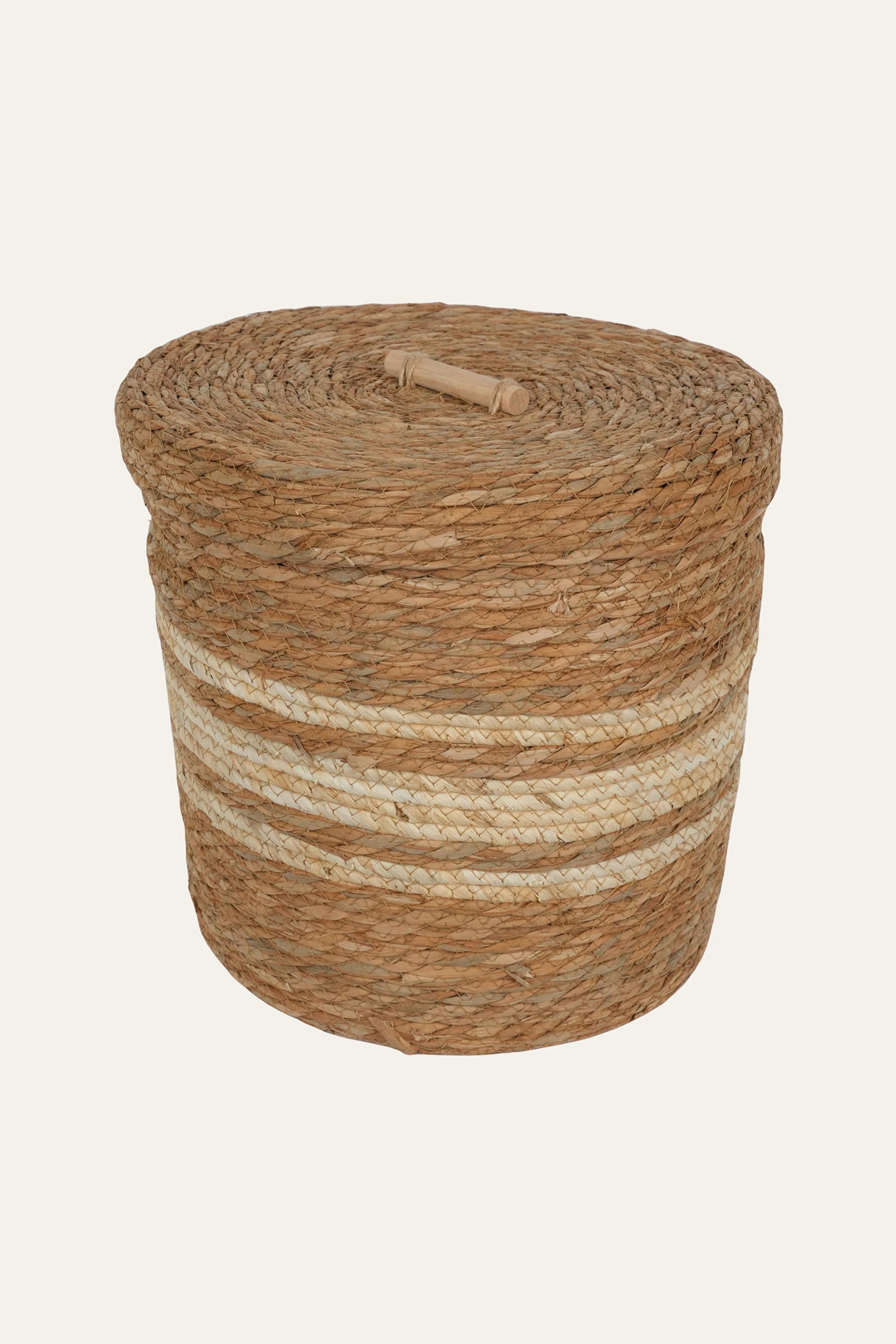 Striped Straw & Wood Lidded Basket - Medium